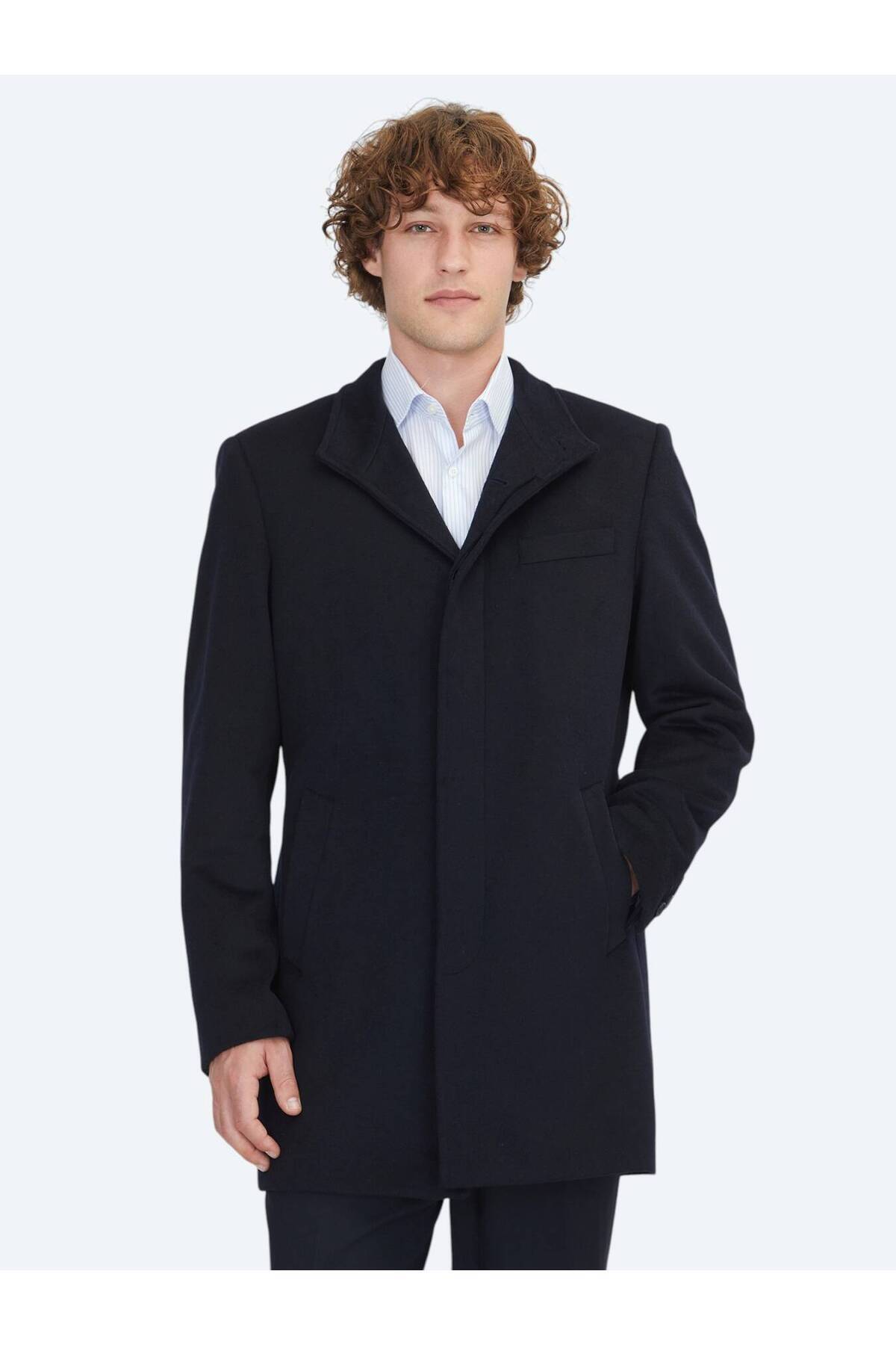 مانتو بافته شده کلاسیک با یقه معمولی آبی سرمه ای Kip