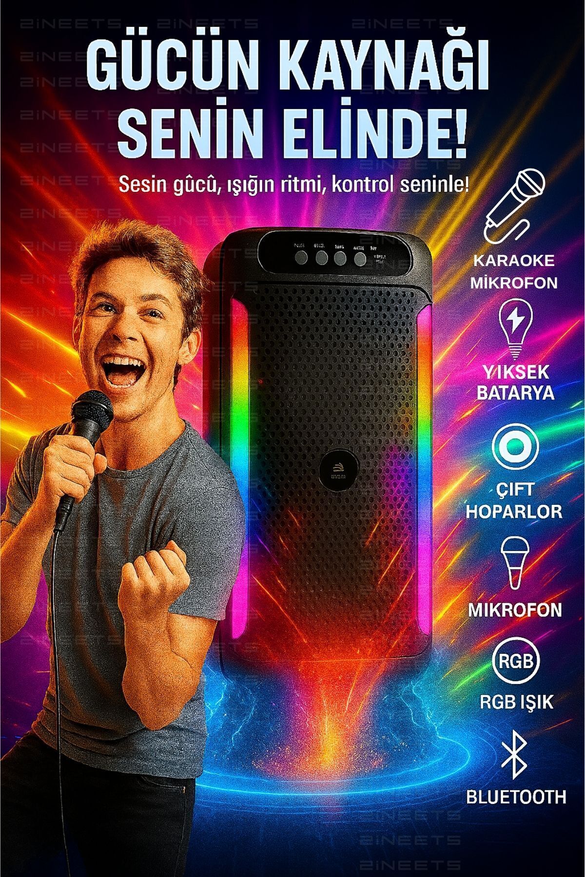 Zineets Büyük Boy Bluetooth Hoparlör Parti Hoparlörü Karaoke Mikrofon Hediyeli Işıklı Ses Bombası Radyo