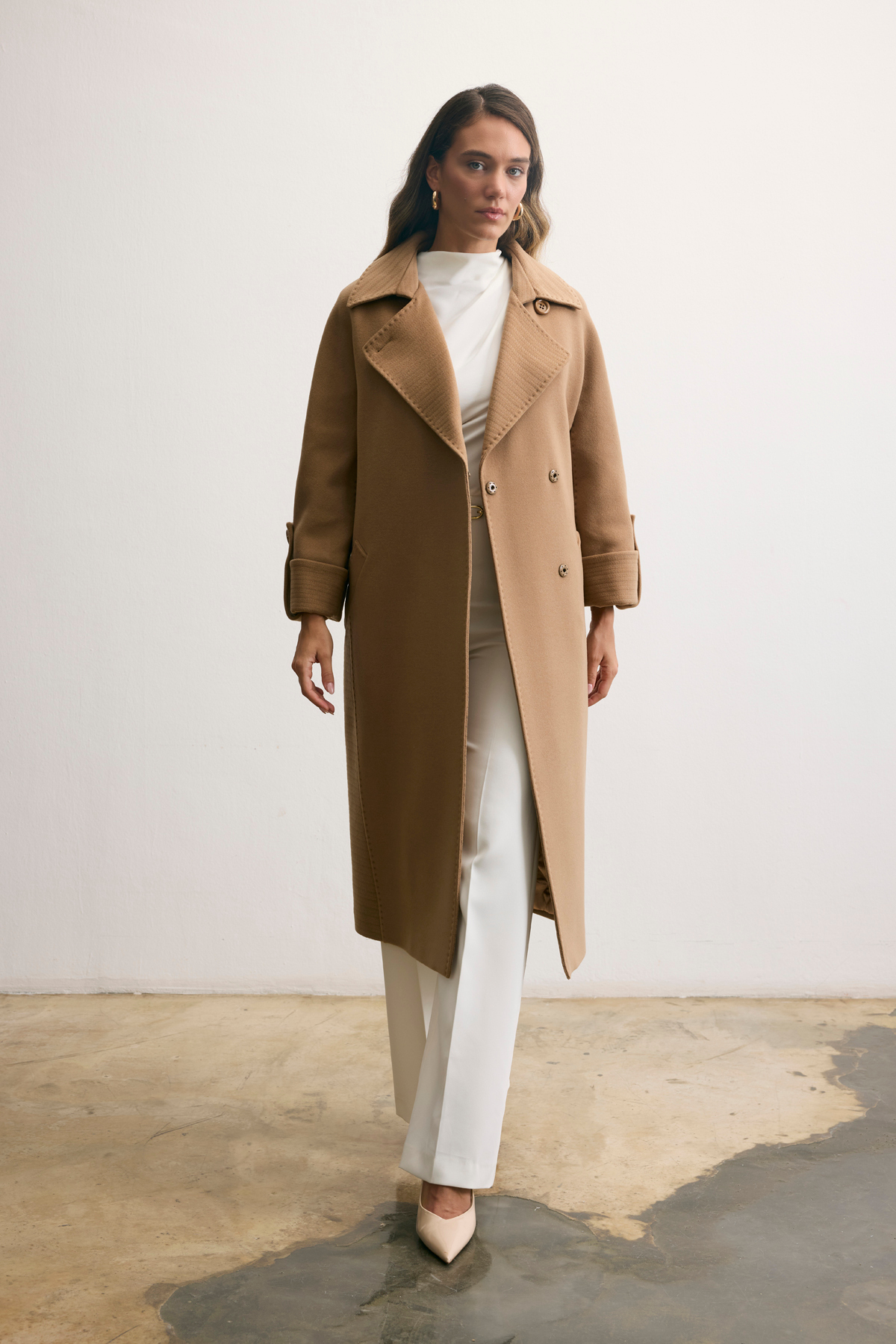 Kent  Geniş Yakalı Kuşaklı Uzun Camel Kaban - Görsel 7