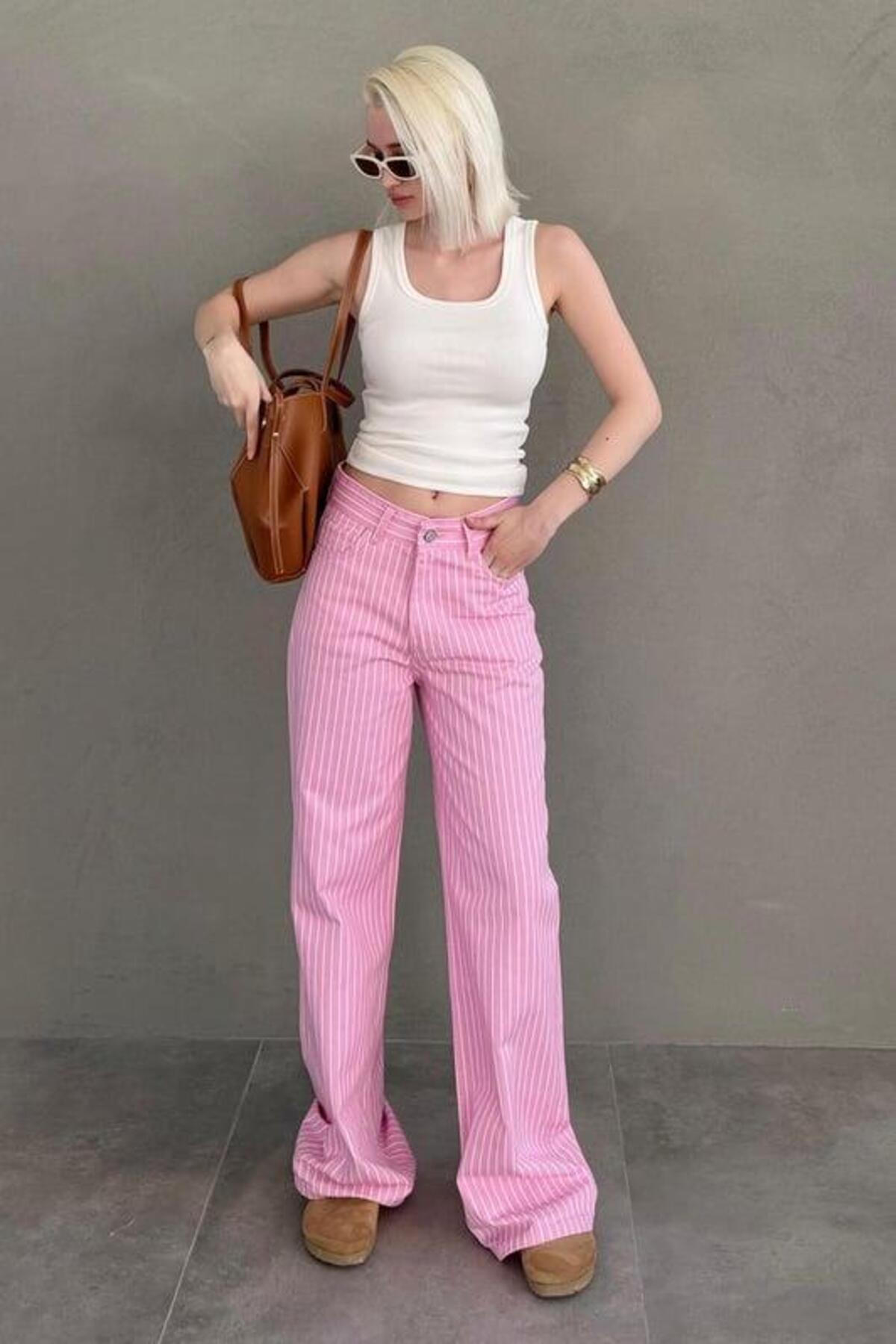 Seeh  Pembe Çizgili Kadın Jean Pantolon SH315 - Görsel 8