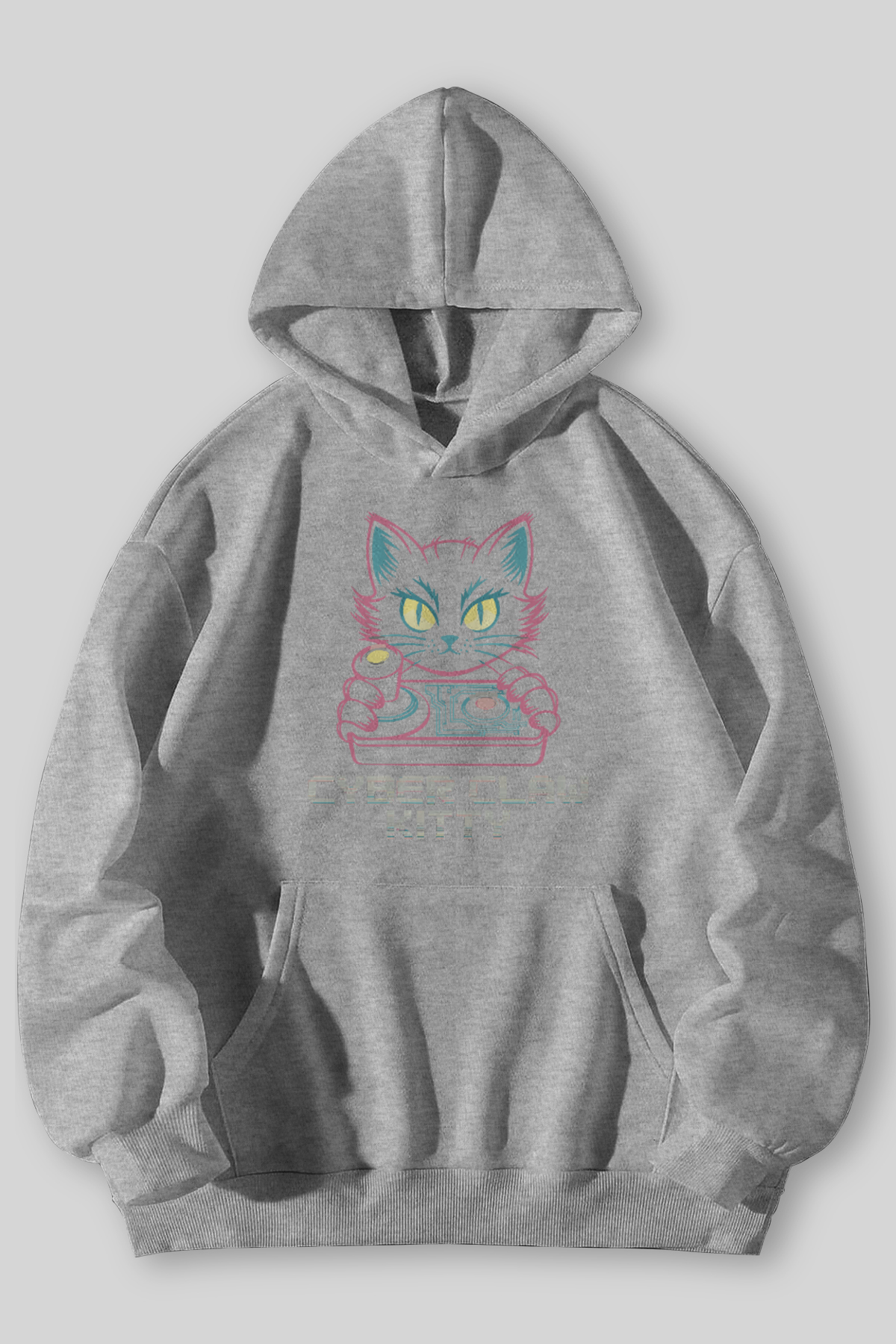 Harmandar Cyber Claw Kitty Printed Unisex Black Gray Kangaroo Pocket Hooded Sweatshirt Hoodie