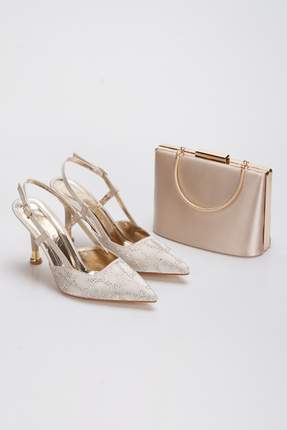 Satenora Perla Gold Topuklu Ayakkabı&Çanta Takımı