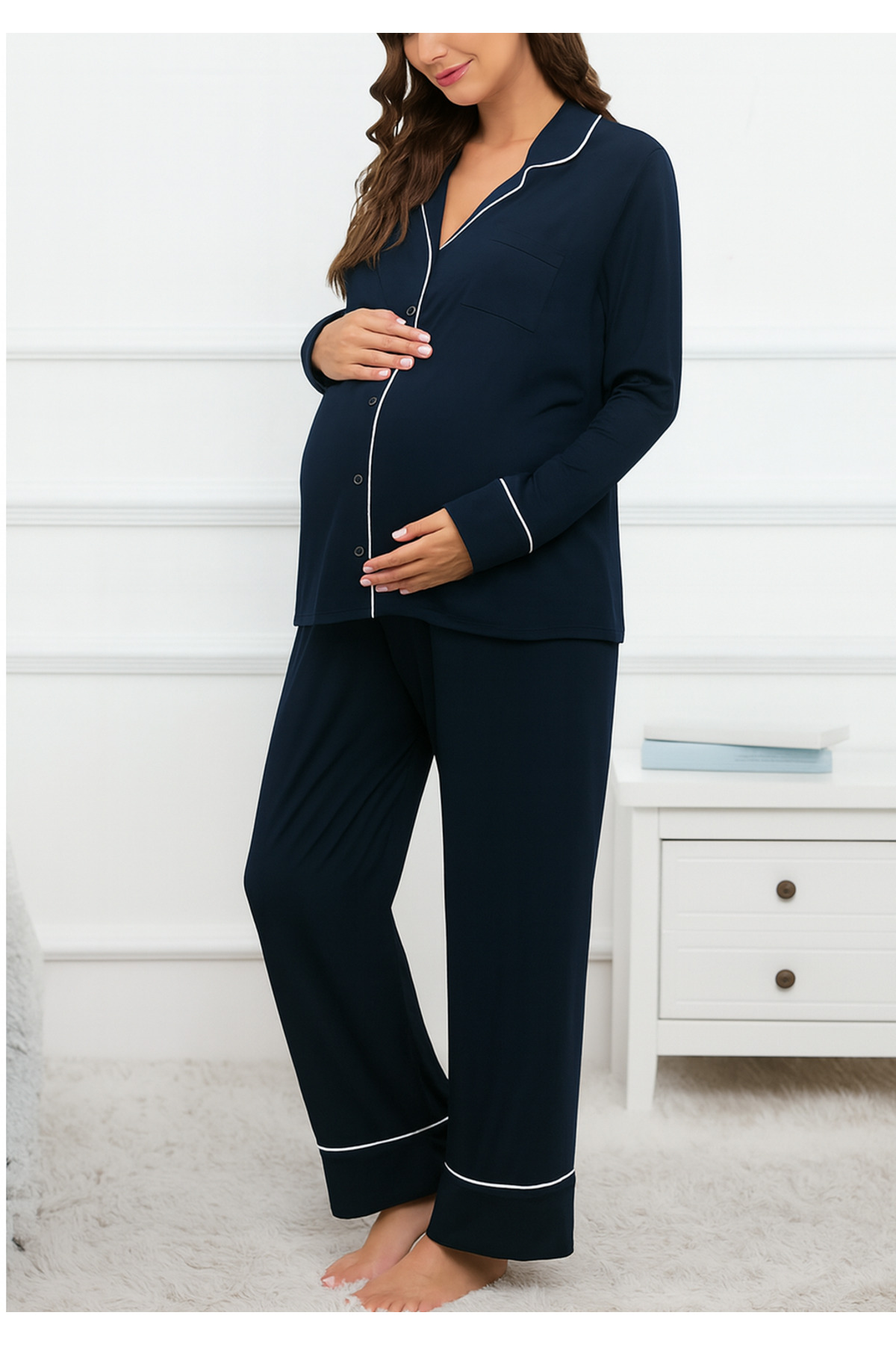 Miss Dünya Lissa Gömlek Yaka Önden Düğmeli Uzun Kol Rahat Form Hamile ve Lohusa Pijama Takımı fotoğrafı 3 (önizleme)