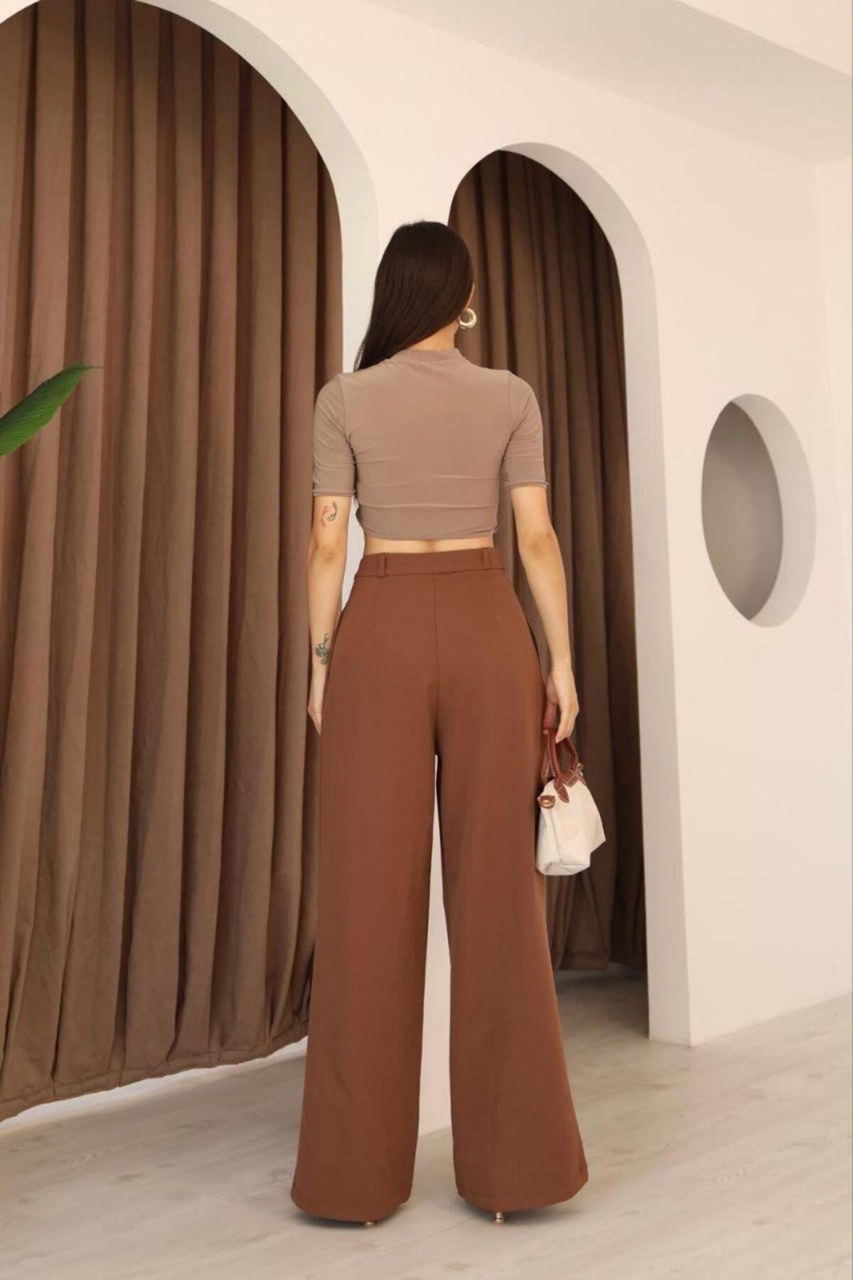 polle  Kadın Kahverengi Pileli Yüksek Bel Palazzo Pantolon - Görsel 6