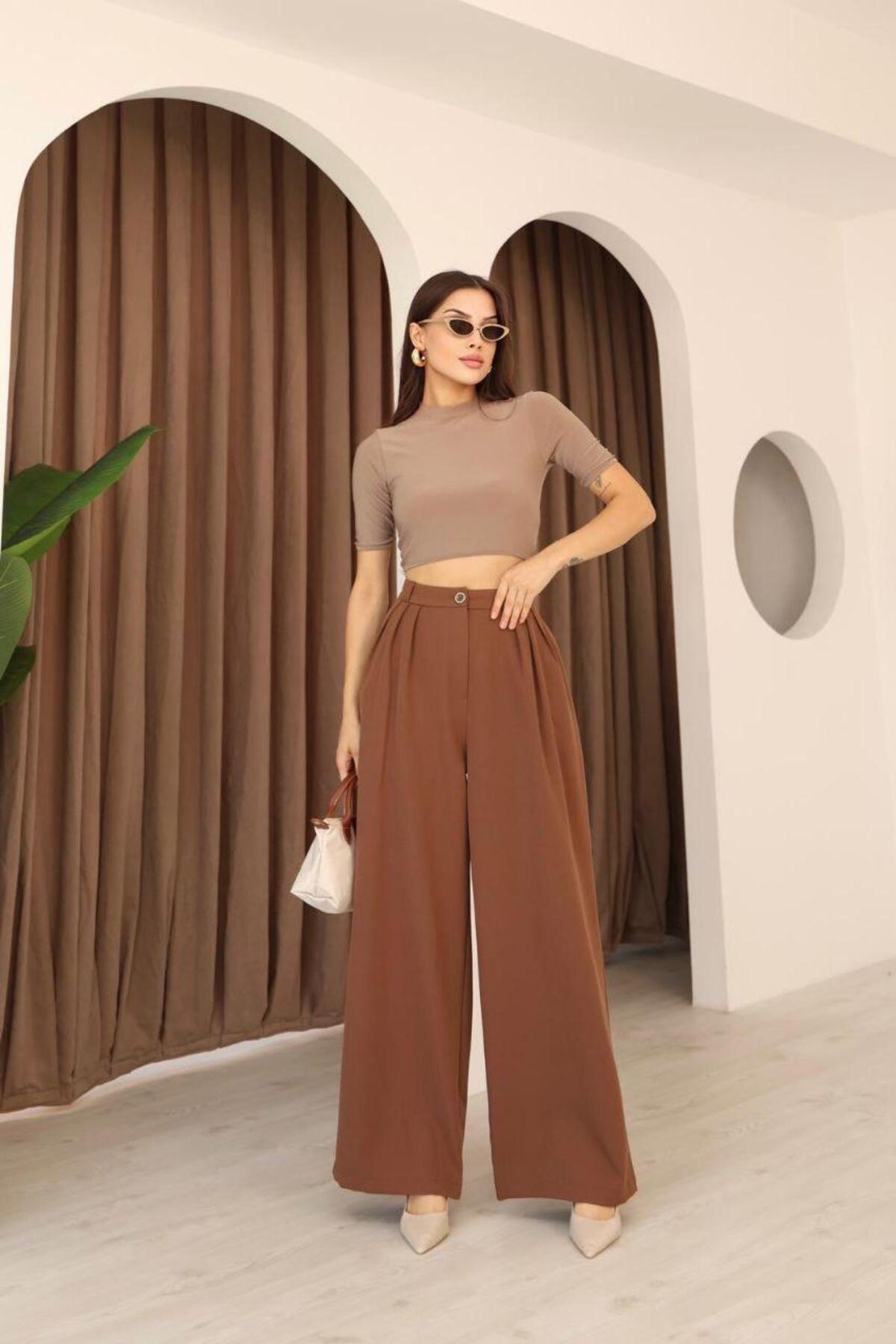 polle  Kadın Kahverengi Pileli Yüksek Bel Palazzo Pantolon - Görsel 5