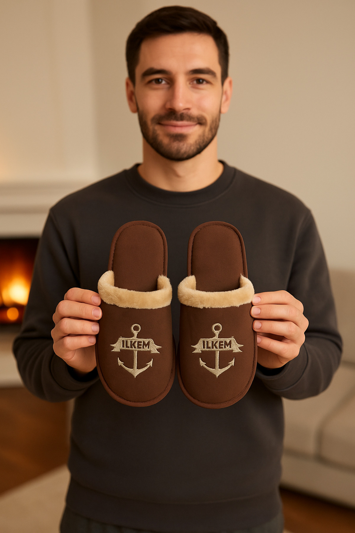 meko aksesuar İLKEM Erkek Çapa Desenli Kürklü Günlük Misafir Ev Terliği