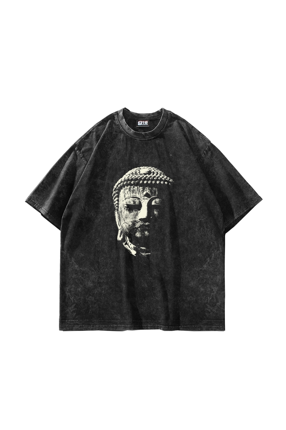 Sekizbiraltı Buddha Baskılı Oversize Unisex Yıkamalı Siyah Tshirt