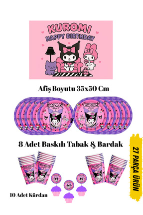 HAPPYLOOPPARTY Kuromi Temalı Doğum Günü Tabak , Bardak , Afiş Seti