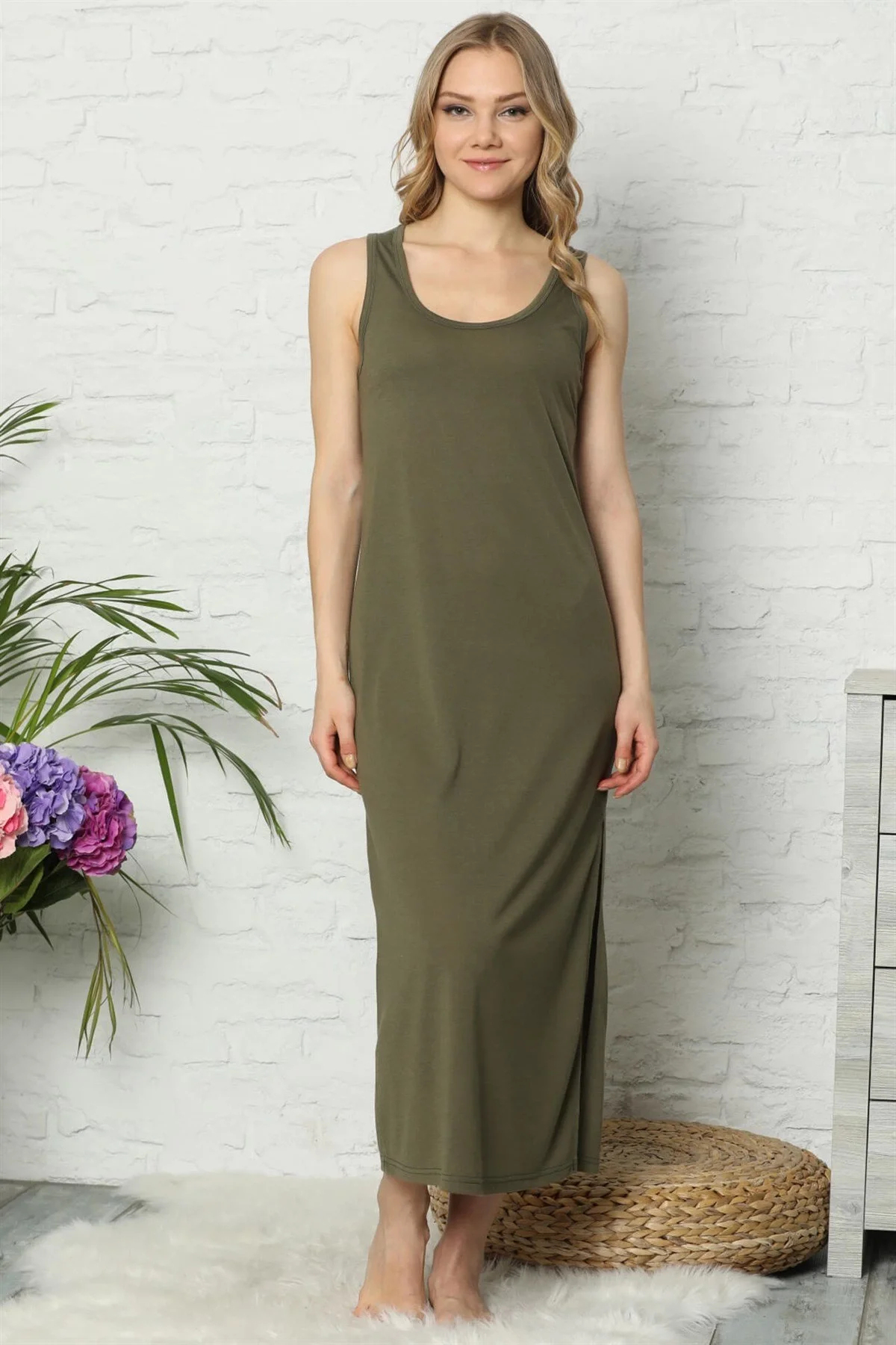 Beruflic Under Moda Kalın Askılı Haki Penye Uzun Gecelik