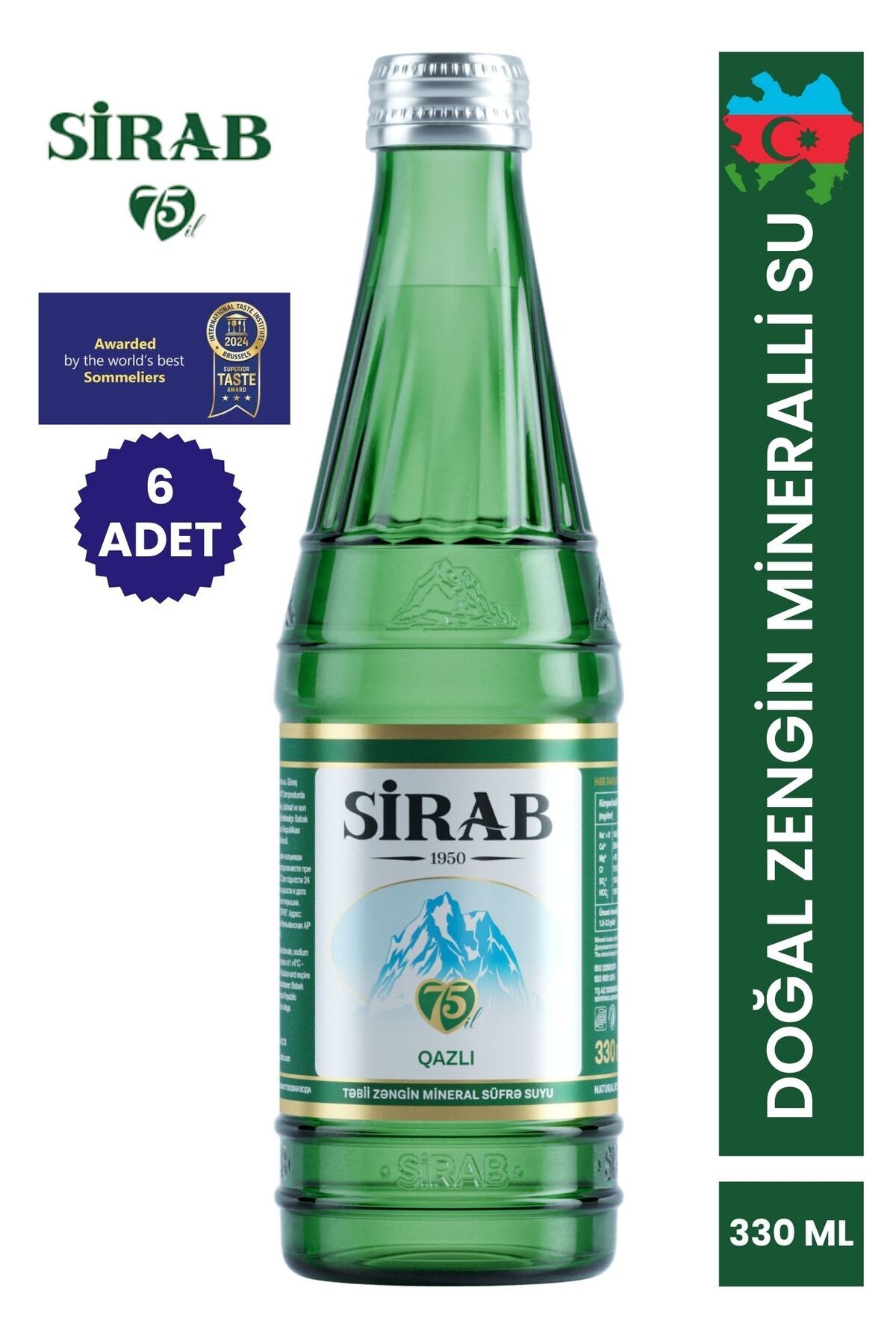 SİRAB Doğal Zengin Mineralli Maden Suyu Qazlı 330 ml 6 Adet