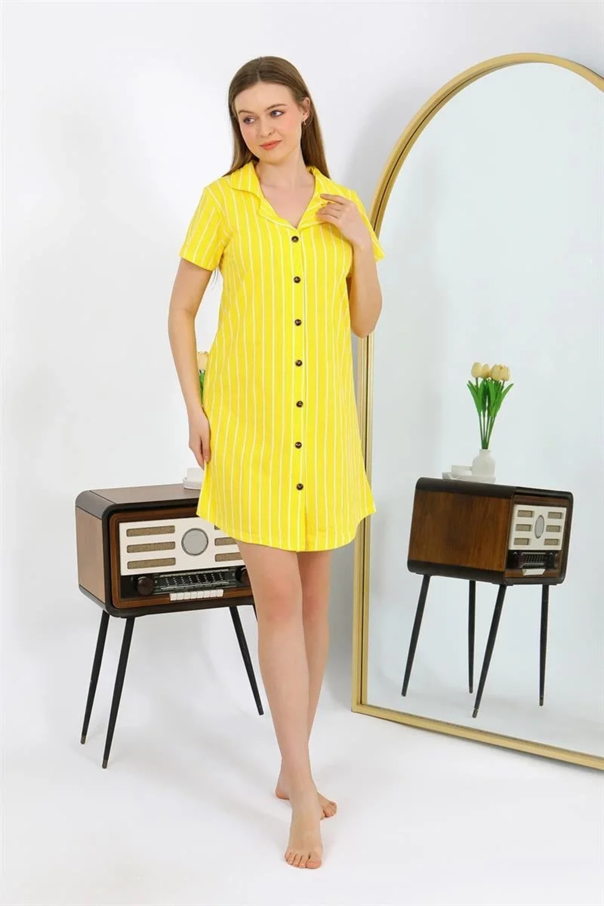 Beruflic Kadın Pamuk Penye Kısa Kol Düğmeli Sarı Tunik Gecelik