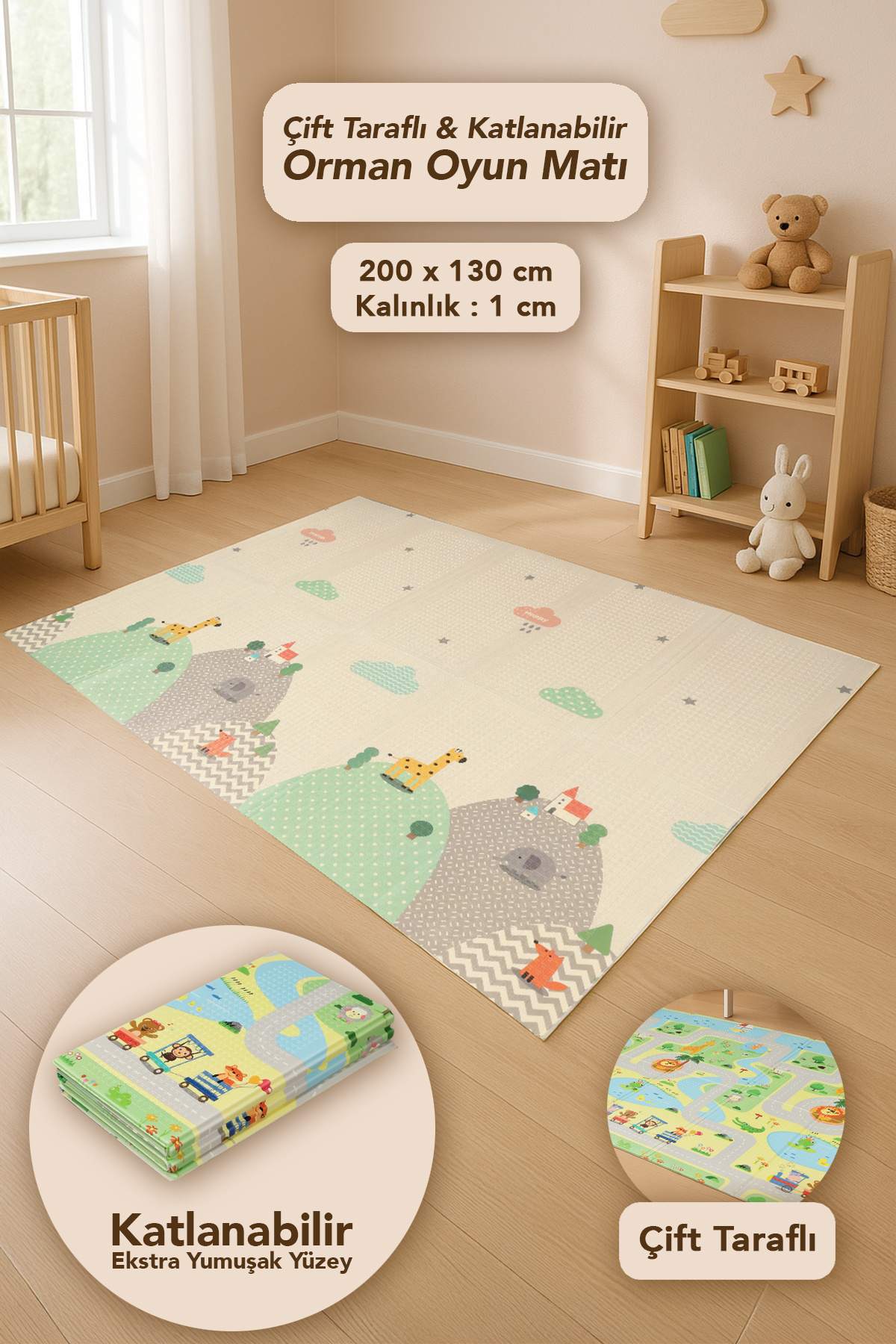 Meleni Baby Çift Taraflı Çocuk Halısı - Katlanabilir Orman ve Hayvan Desenli Bebek Çocuk Oyun Matı 130x200 cm