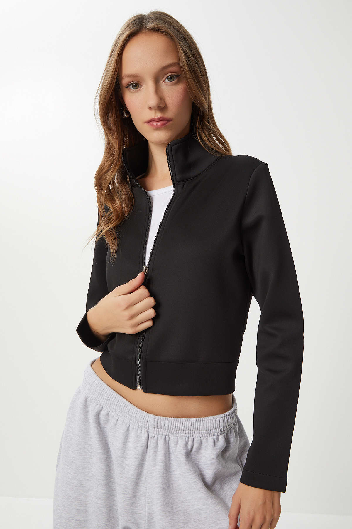 Lovelyİstanbul Fermuarlı Crop Scuba Örme Sweatshirt LPX0003 SİYAH görsel 2