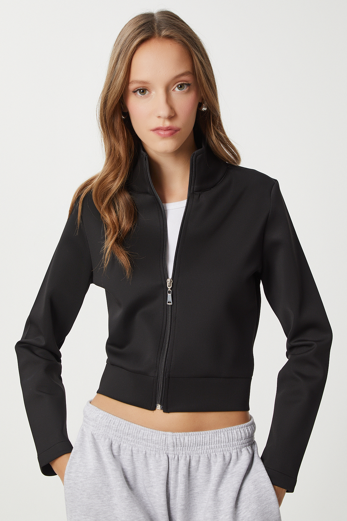 Lovelyİstanbul Fermuarlı Crop Scuba Örme Sweatshirt LPX0003 SİYAH görsel 3