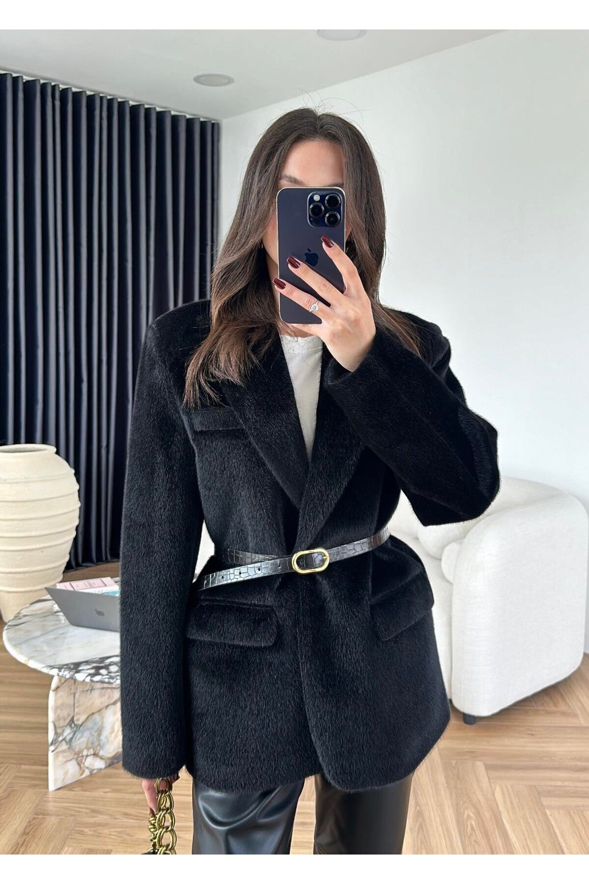 textured thick lining design buttoned equivalent blazer jacket coat with belt plush fur