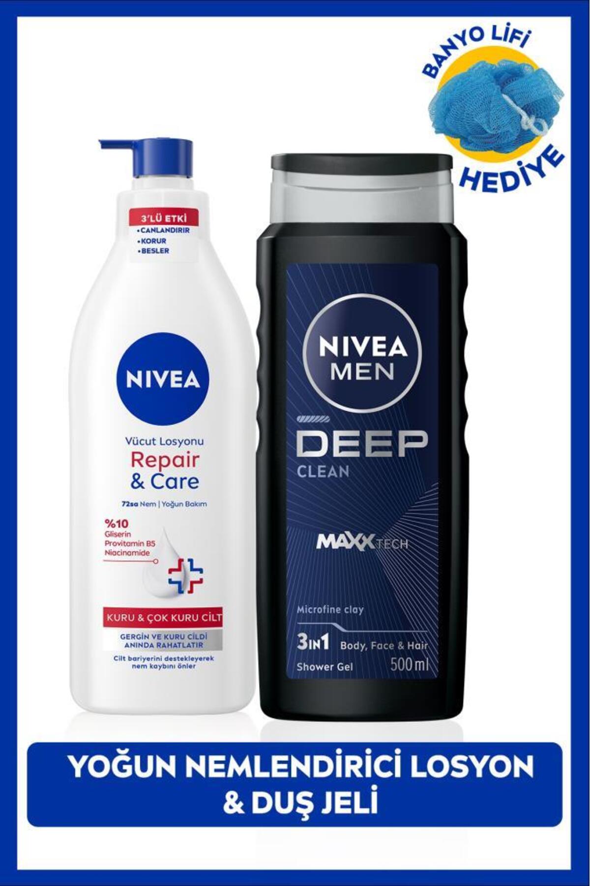 نیوا ژل دوش مردانه مدل Deep Dimension حجم ۵۰۰ میلی‌لیتر و لوسیون بدن مرطوب‌کننده Repair Care حجم ۴۰۰ میلی‌لیتر، لیف حمام هدیه