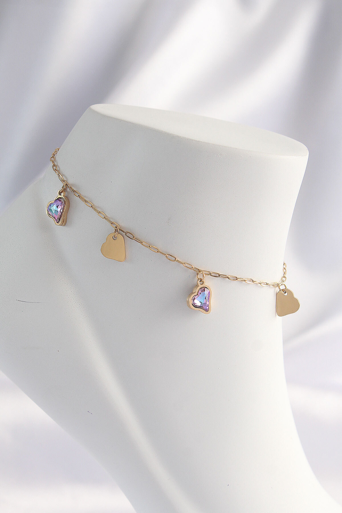 doremodam 316L Çelik Gold Renk Minimal Renkli Zirkon Taşlı Kalp Halhal - Lisinya