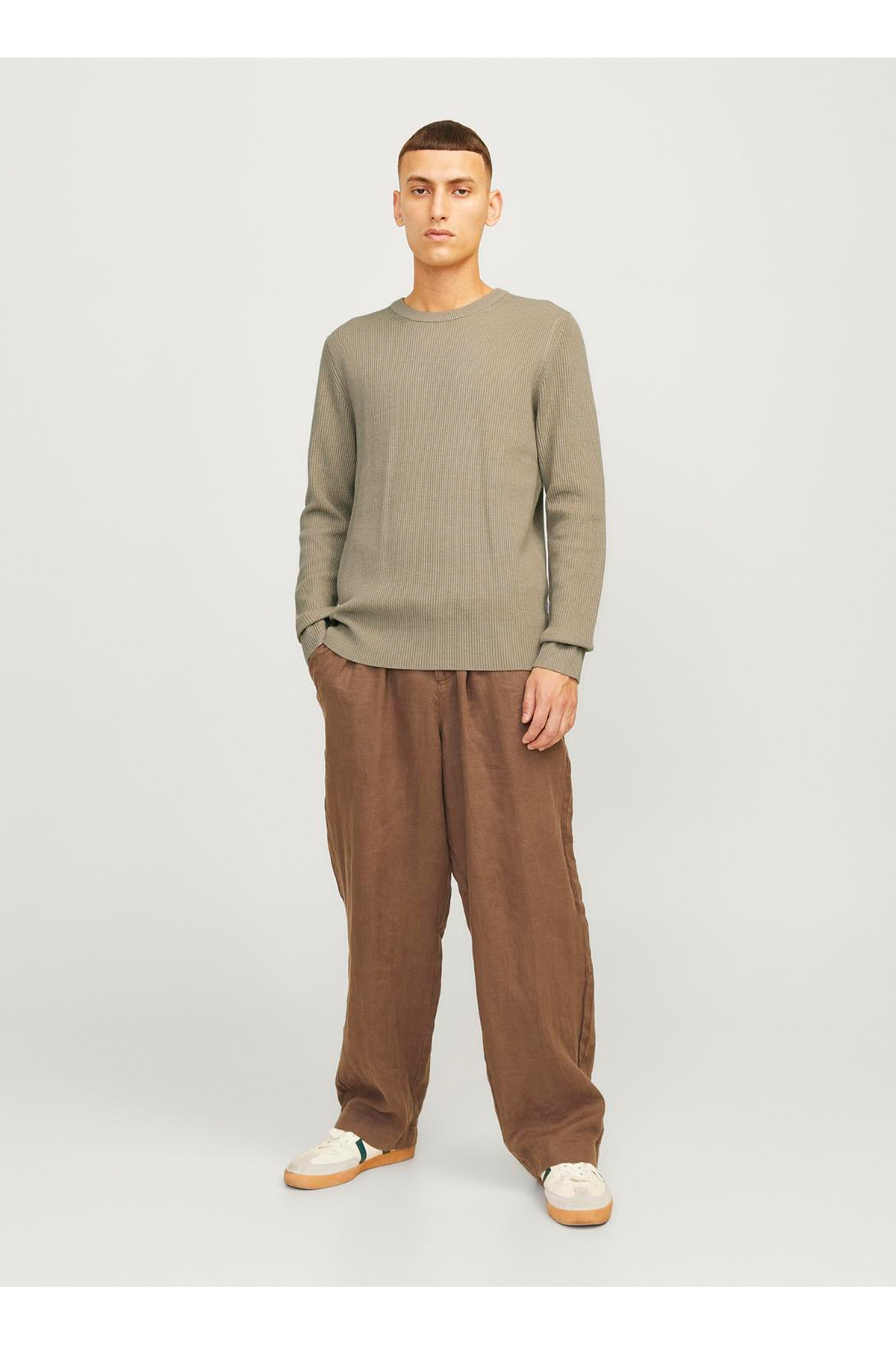 جک اند جونز ژاکت مردانه قهوه ای یقه ایستاده 12257771_JJEPERFECT KNIT CREW NECK