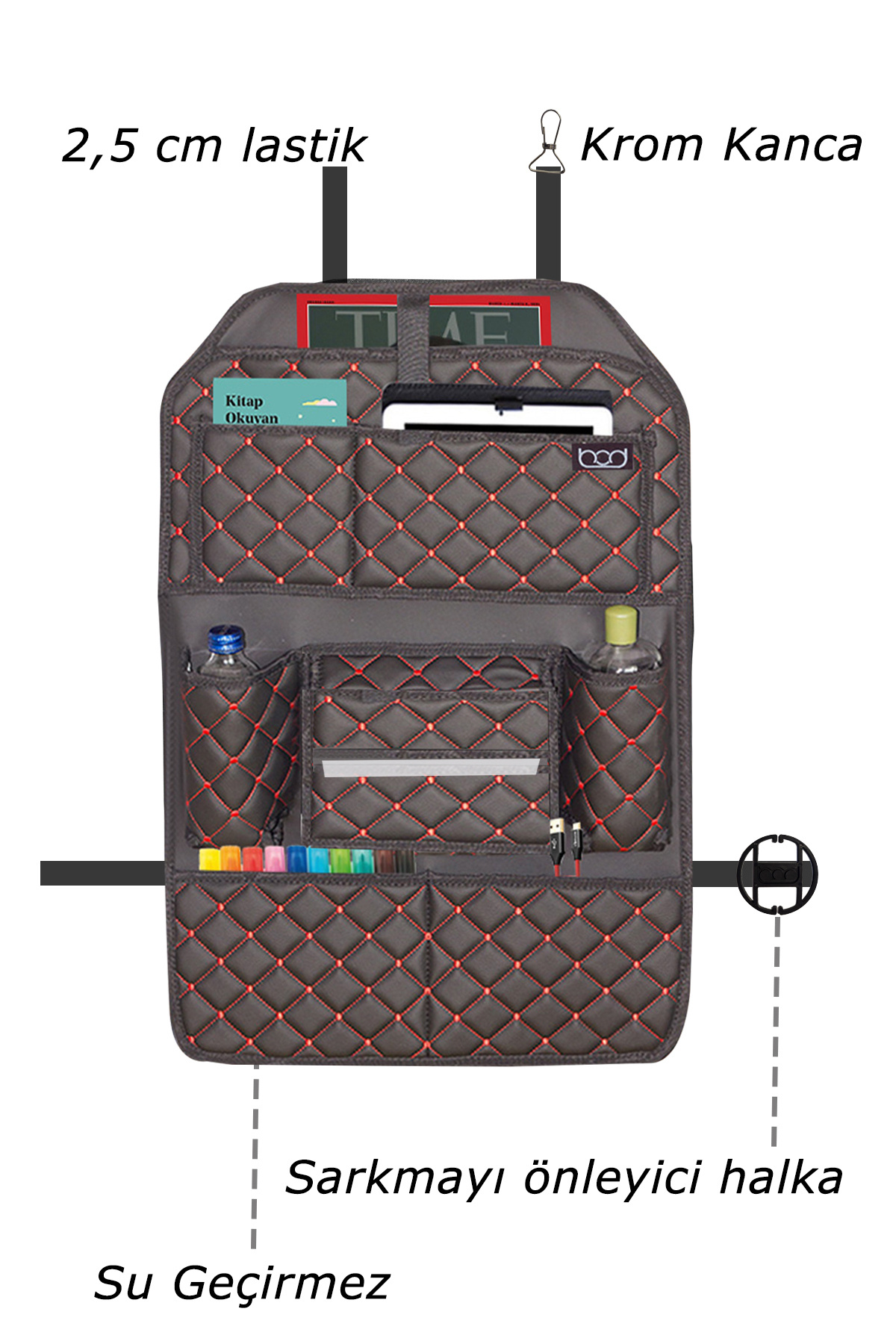 Bod Cunda Oto Koltuk Arkası Koruyucu Eşya Düzenleyici Araç içi Organizer Siyah-Kırmızı fotoğrafı 5 (önizleme)