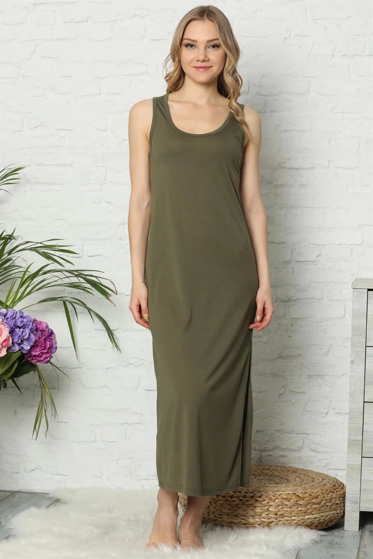 emosavm Moda Kalın Askılı Haki Penye Uzun Gecelik