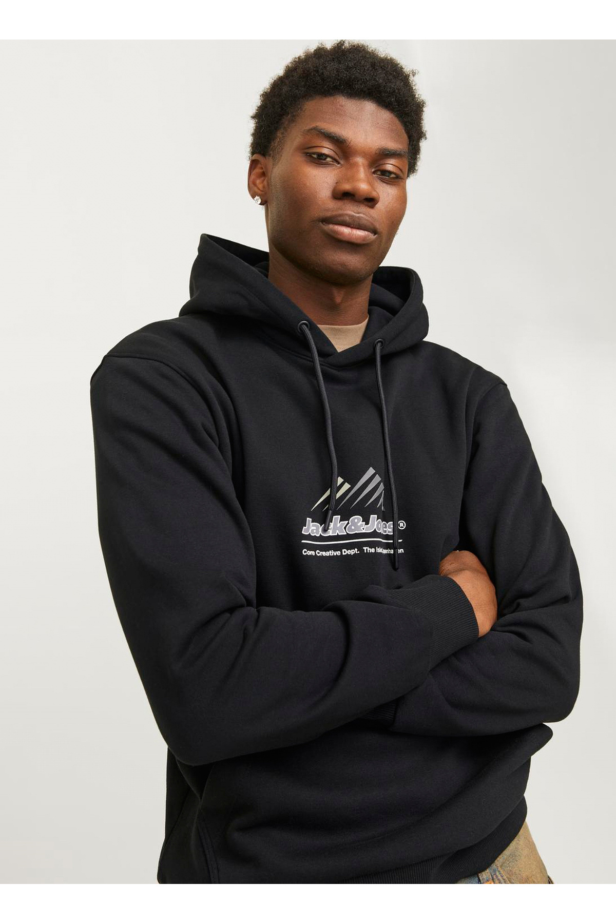 جک اند جونز سویشرت مردانه یقه کلاه دار مشکی 12266908_JCOLIMA LOGO SWEAT HOOD BF