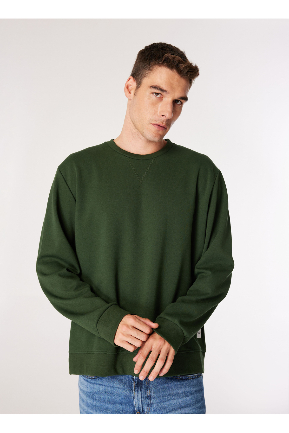 جک اند جونز سویشرت مردانه یقه ساده سبز تیره 12181903_JJEBASIC SWEAT CREW NECK N