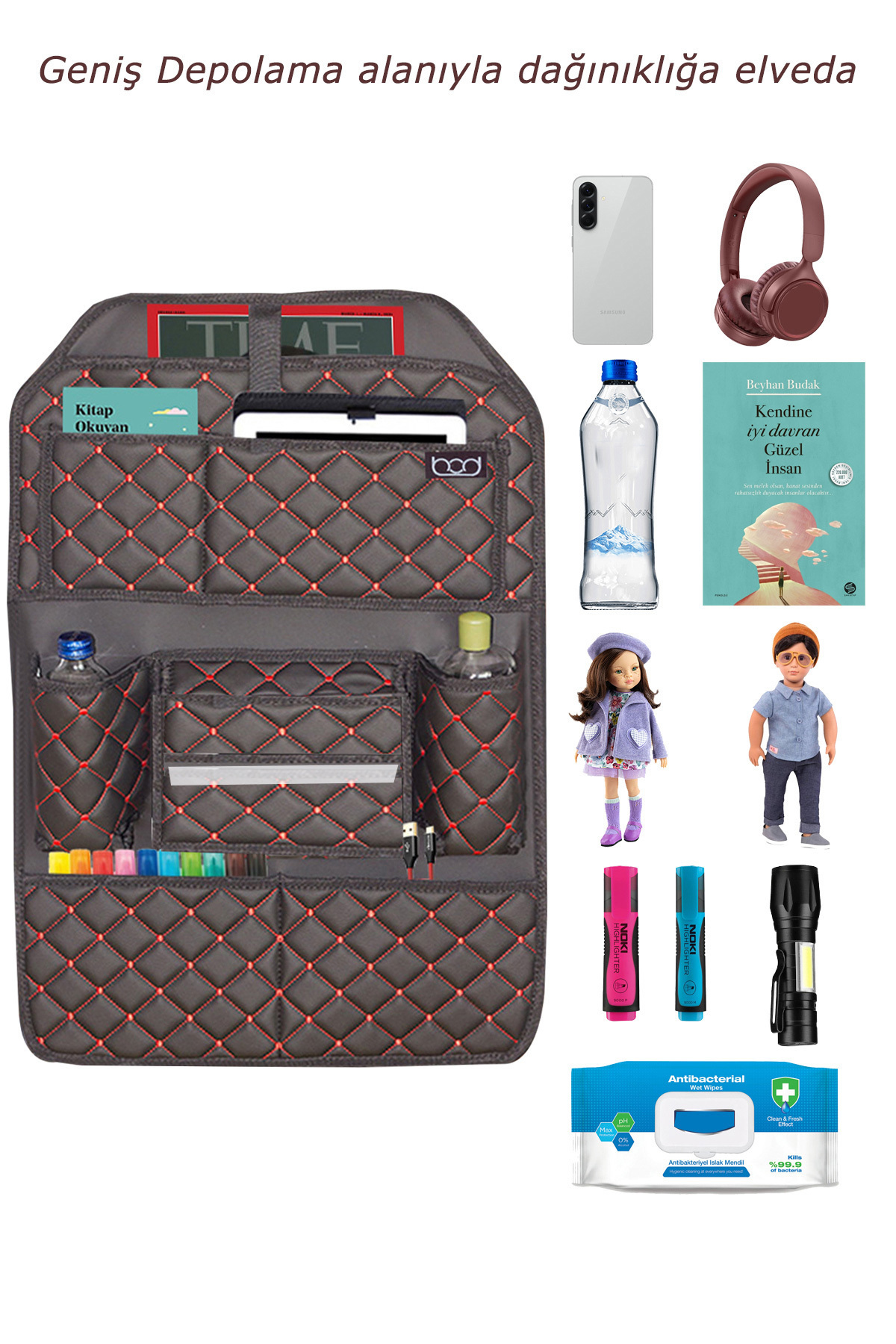 Bod Cunda Oto Koltuk Arkası Koruyucu Eşya Düzenleyici Araç içi Organizer Siyah-Kırmızı fotoğrafı 4 (önizleme)