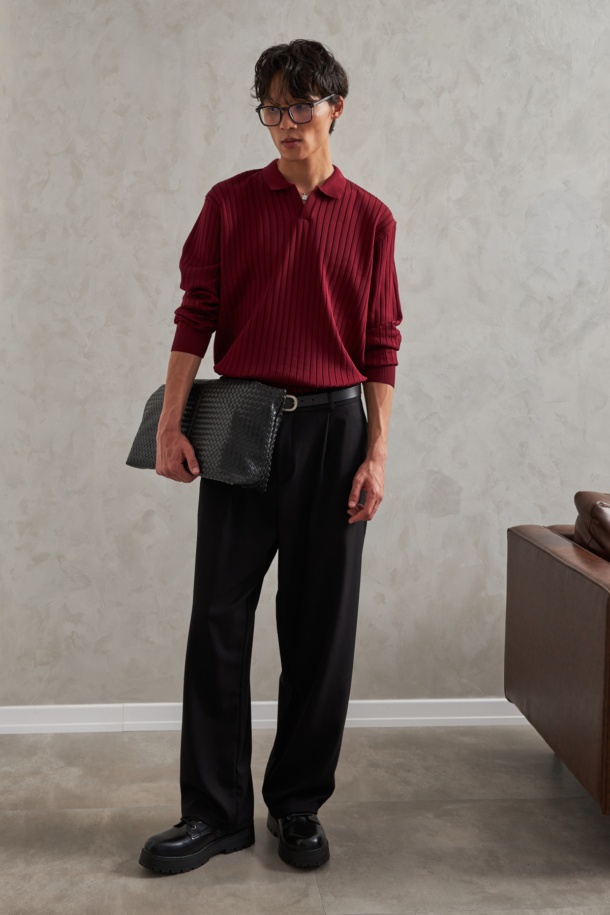 HYMAN  Erkek Polo Yaka Fitilli Oversize Triko Kazak - Görsel 6