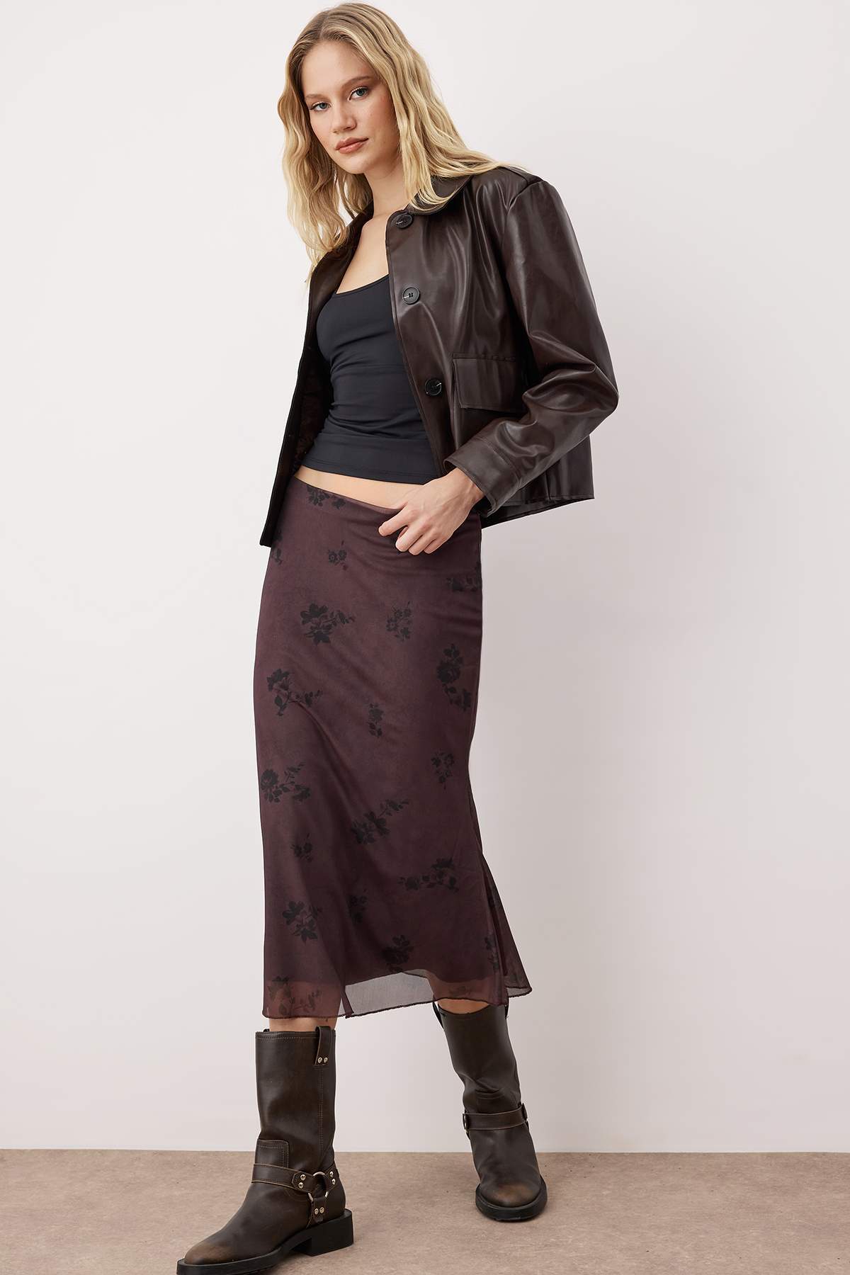 Trendyolmilla  Teen Açık Kahverengi Çiçek Baskılı Balık Form Tül Esnek Örme Etek TWOAW26ET00036