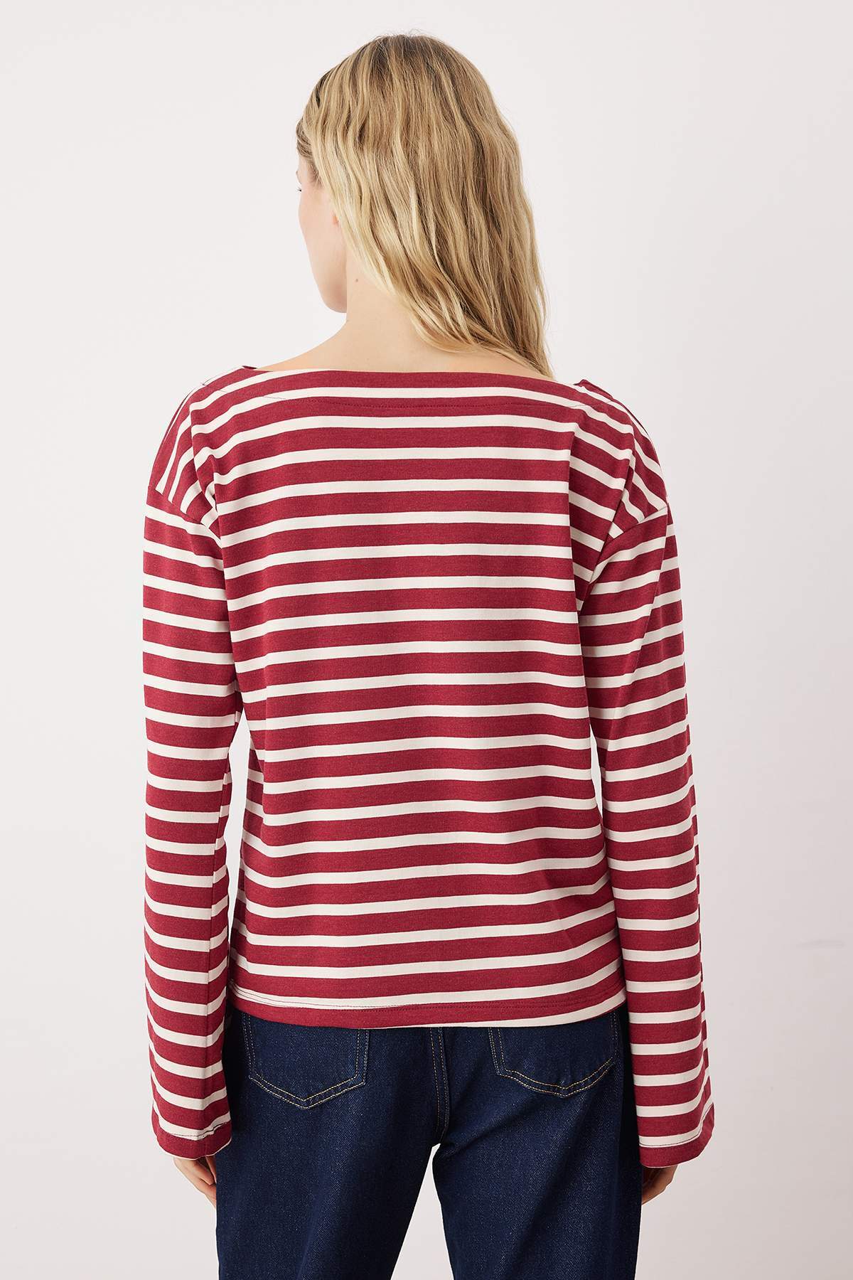 Trendyolmilla  Bordo Kalın Pamuklu Çizgili Regular/Normal Kalıp ÖrmeT-Shirt TWOAW26TS00001 - Görsel 4