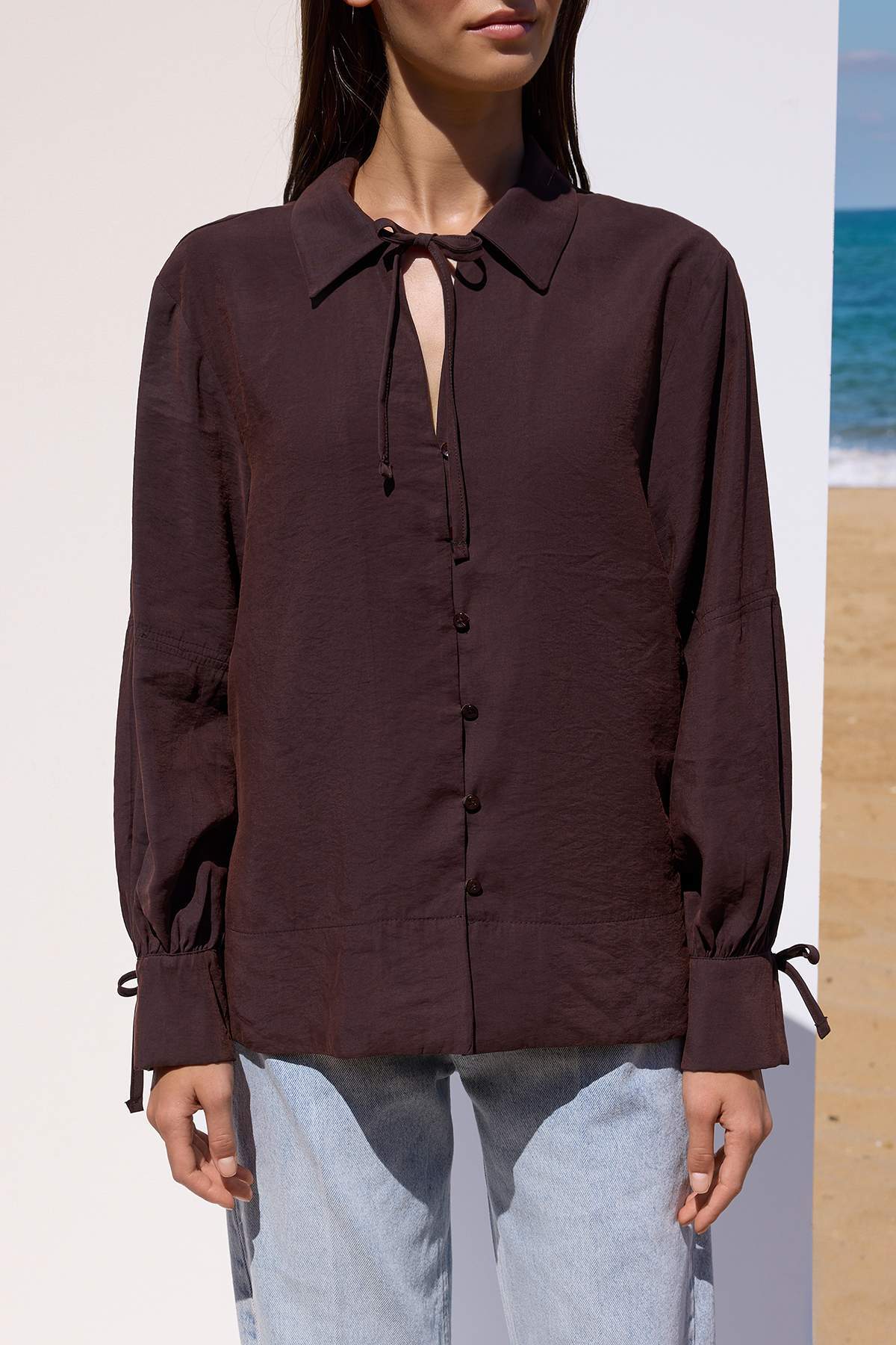 Trendyolmilla  Sustainable Koyu Kahverengi Boho Modal Bağlama Detaylı Oversize Modal Gömlek TWOAW26GO00080 - Görsel 3