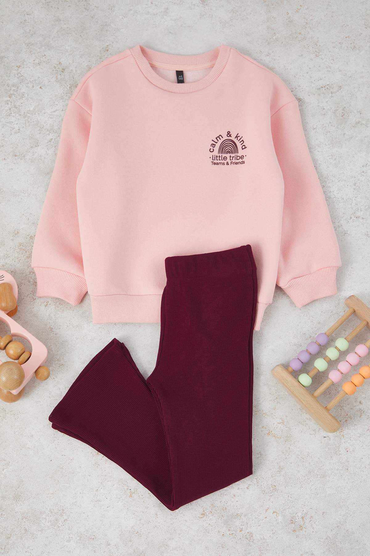 TRENDYOLKIDS Powder Cotton Plain Thick/Inside Fleece Oversize Girls' Knitted Bottom - Top Set Tkdaw26Au00020