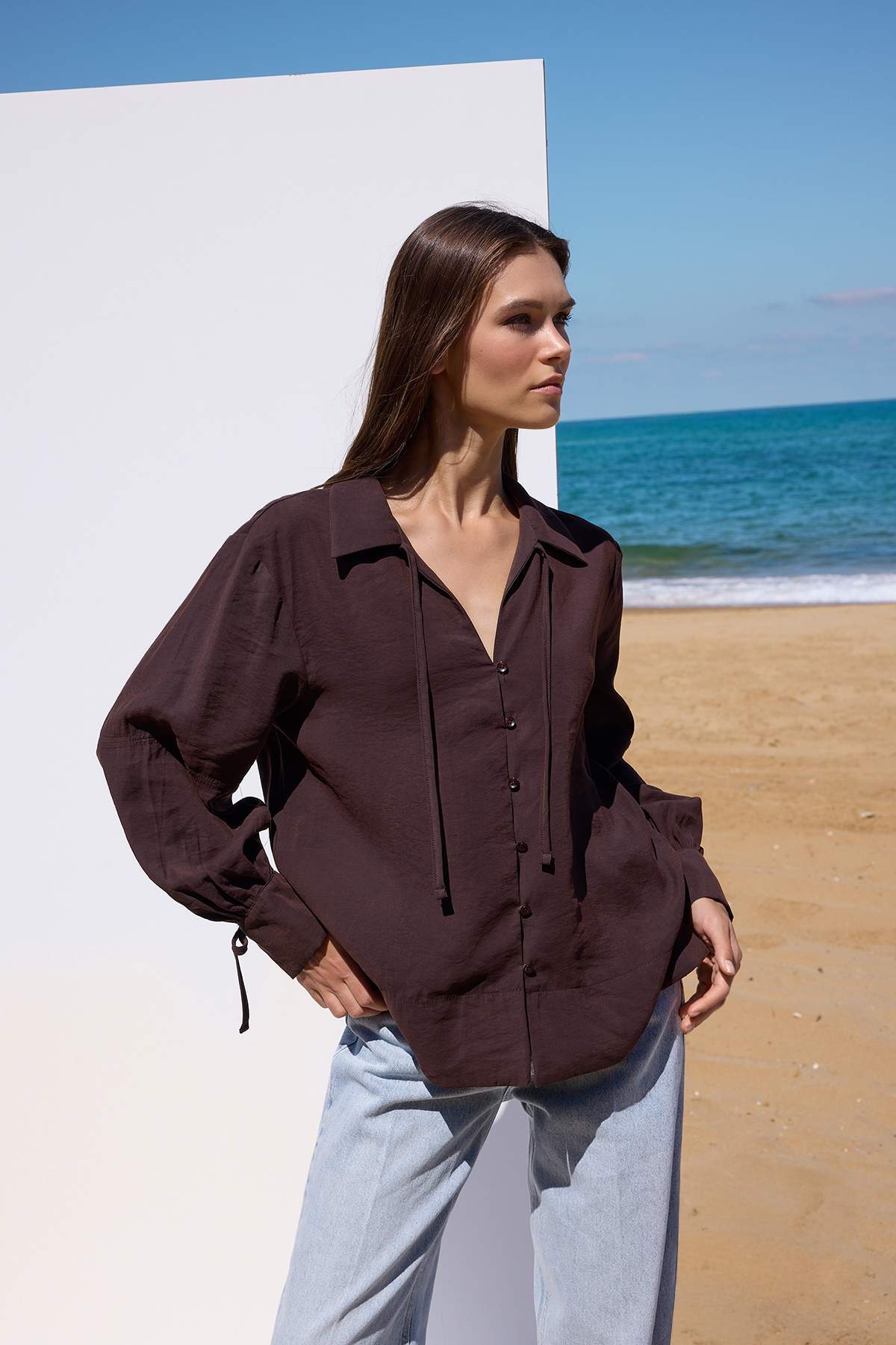 Trendyolmilla  Sustainable Koyu Kahverengi Boho Modal Bağlama Detaylı Oversize Modal Gömlek TWOAW26GO00080 - Görsel 2