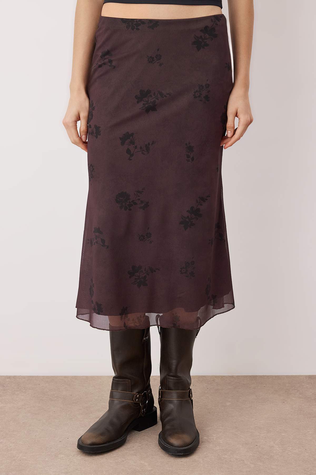 Trendyolmilla  Teen Açık Kahverengi Çiçek Baskılı Balık Form Tül Esnek Örme Etek TWOAW26ET00036 - Görsel 4