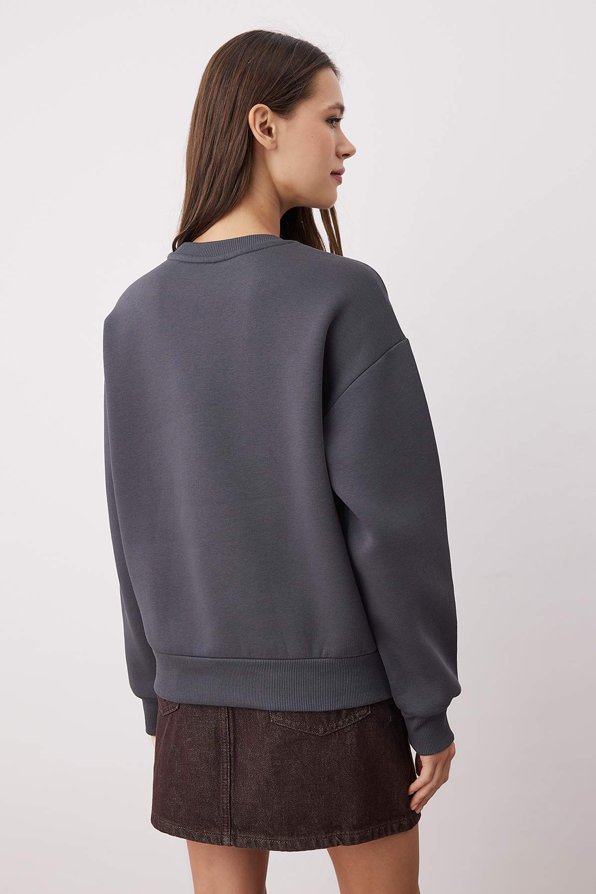 Trendyolmilla  Antrasit Animal Nakışlı Regular/Normal Kalıp Kalın İçi Polarlı Örme Sweatshirt TWOAW24SW00196 - Görsel 4