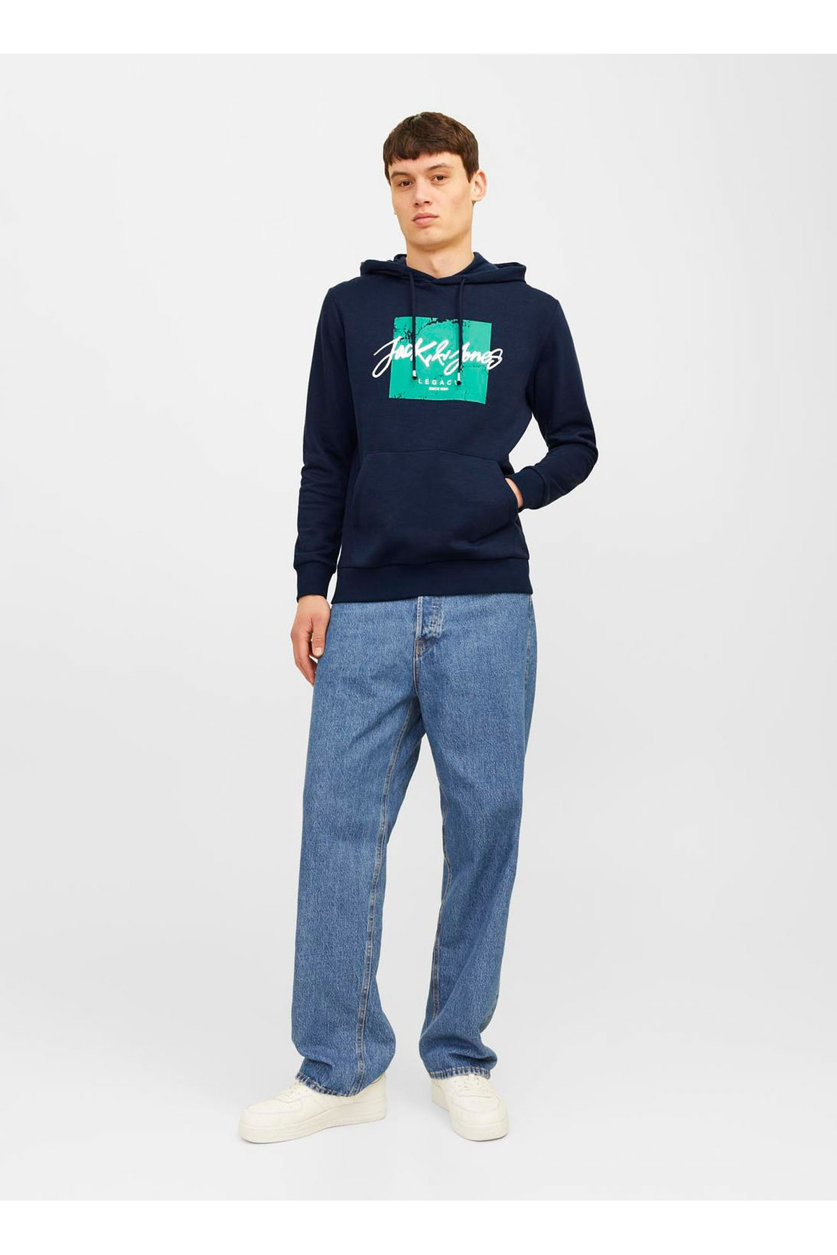 جک اند جونز سویشرت کلاه‌دار مردانه سرمه‌ای JJTILEY SWEAT HOOD LN5