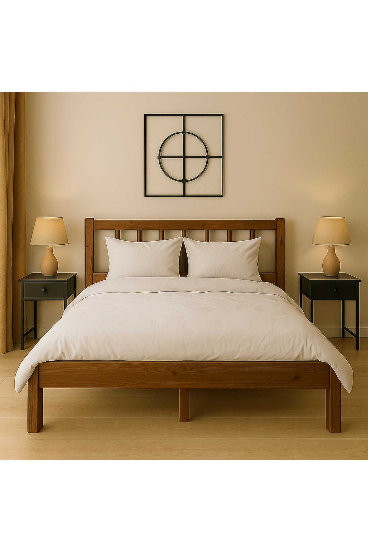 pinoxi 100cm X 200cm Masif Ahşap YUVARLAK ÇITALI Başlıklı Karyola CEVİZ RENGİ