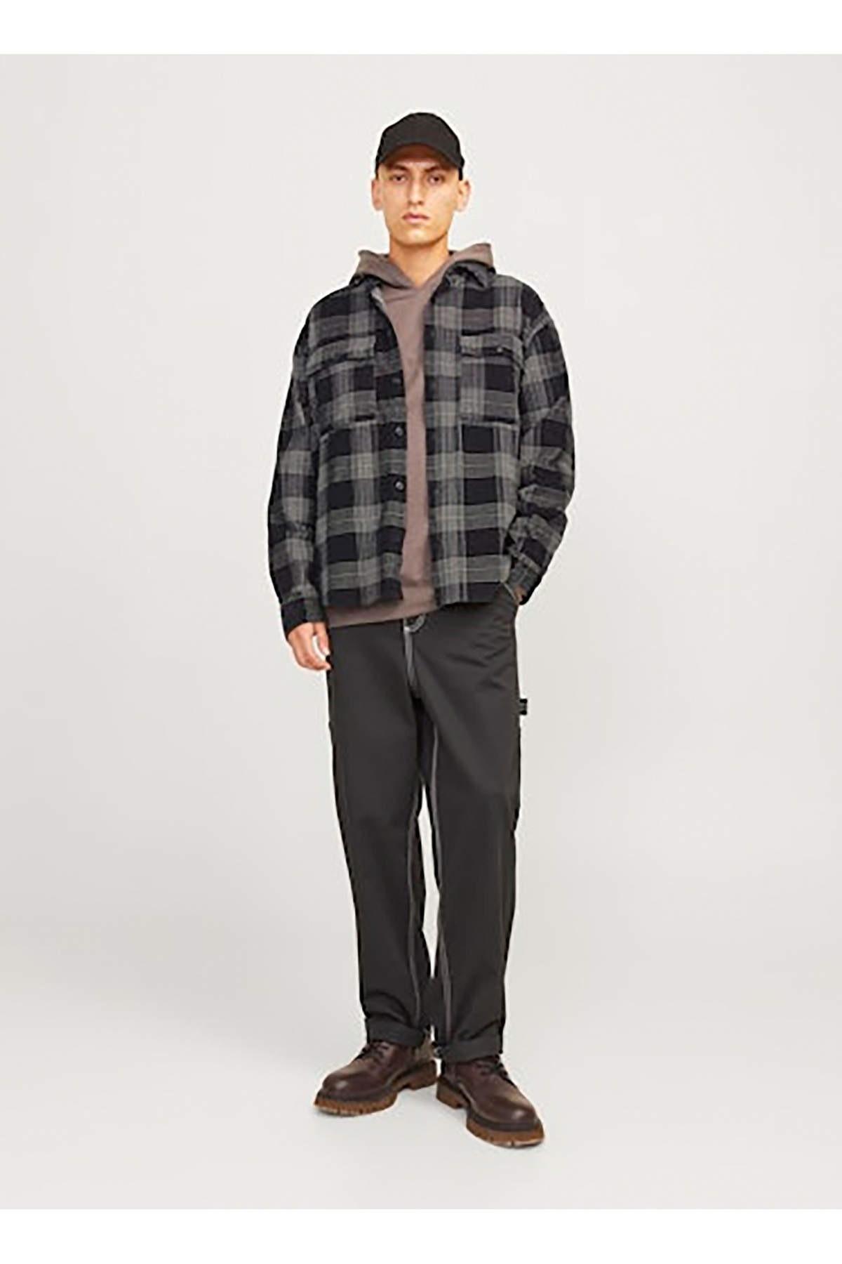 جک اند جونز پیراهن مردانه مشکی ریلکس 12261112_JCOTHEO CORDUROY CHECK OVE