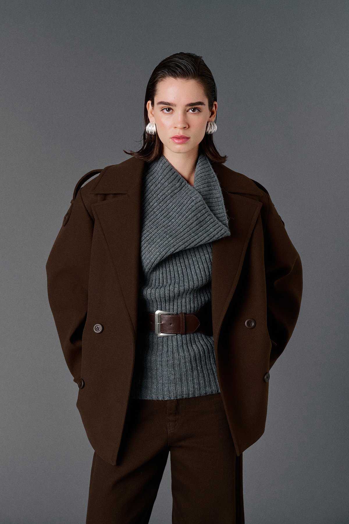 VATKALI  Kruvaze yaka oversize kısa kaban - Görsel 5