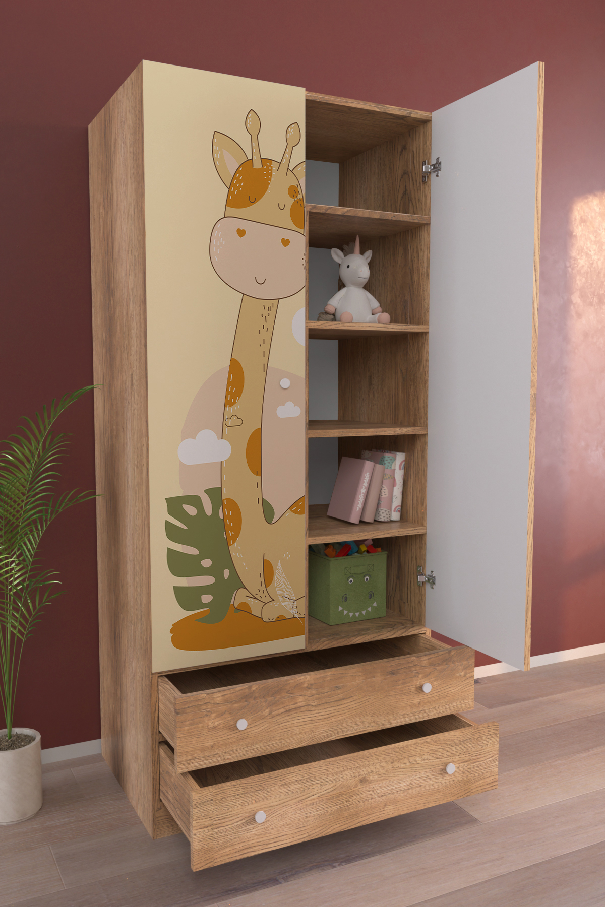 Hediyeler Kapında Çocuk Odası 2 Kapaklı Cute Giraffe Gardırop 5 Raflı 2 Çekmeceli Askılı Elbise Dolabı fotoğrafı 2 (önizleme)