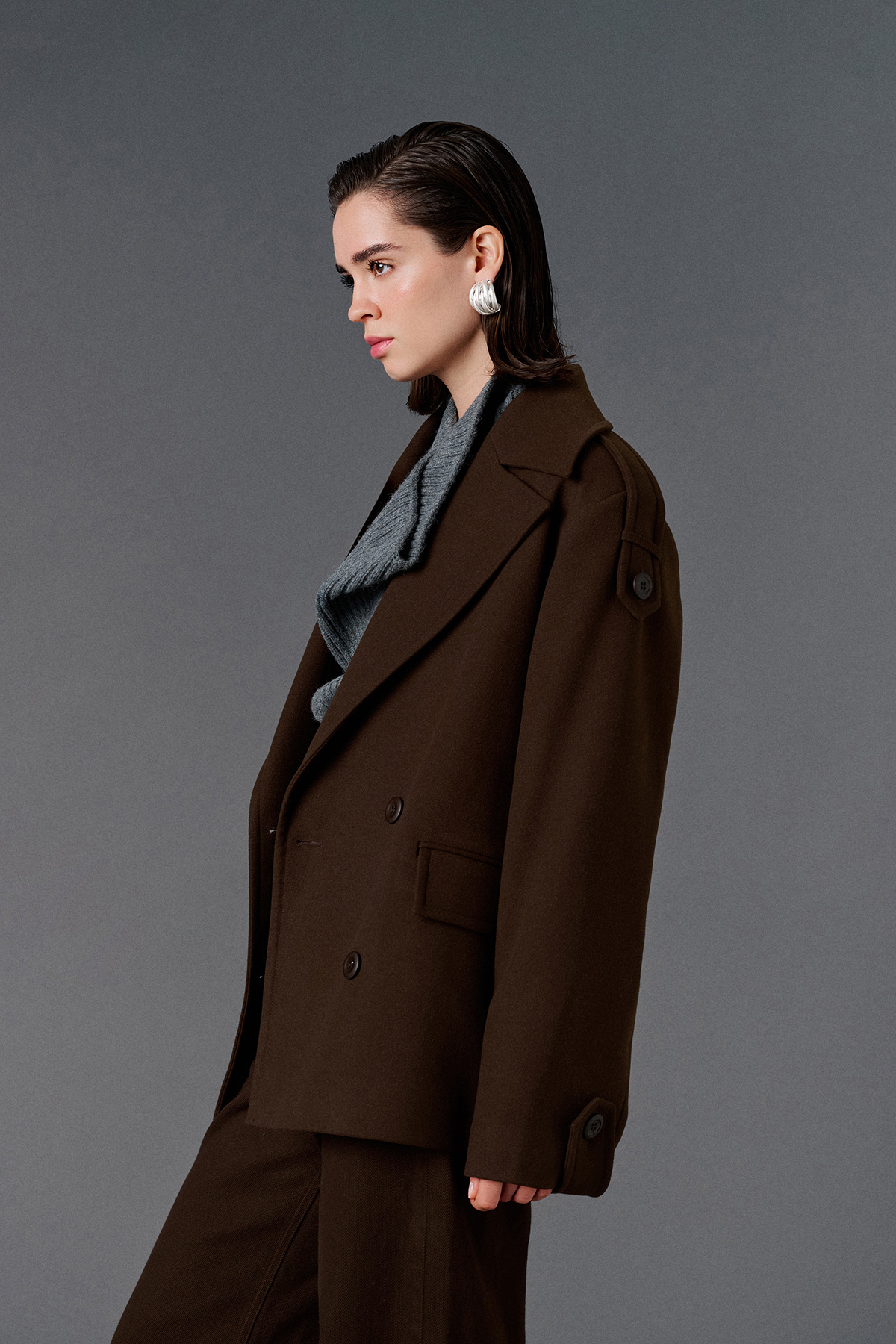 VATKALI  Kruvaze yaka oversize kısa kaban - Görsel 3