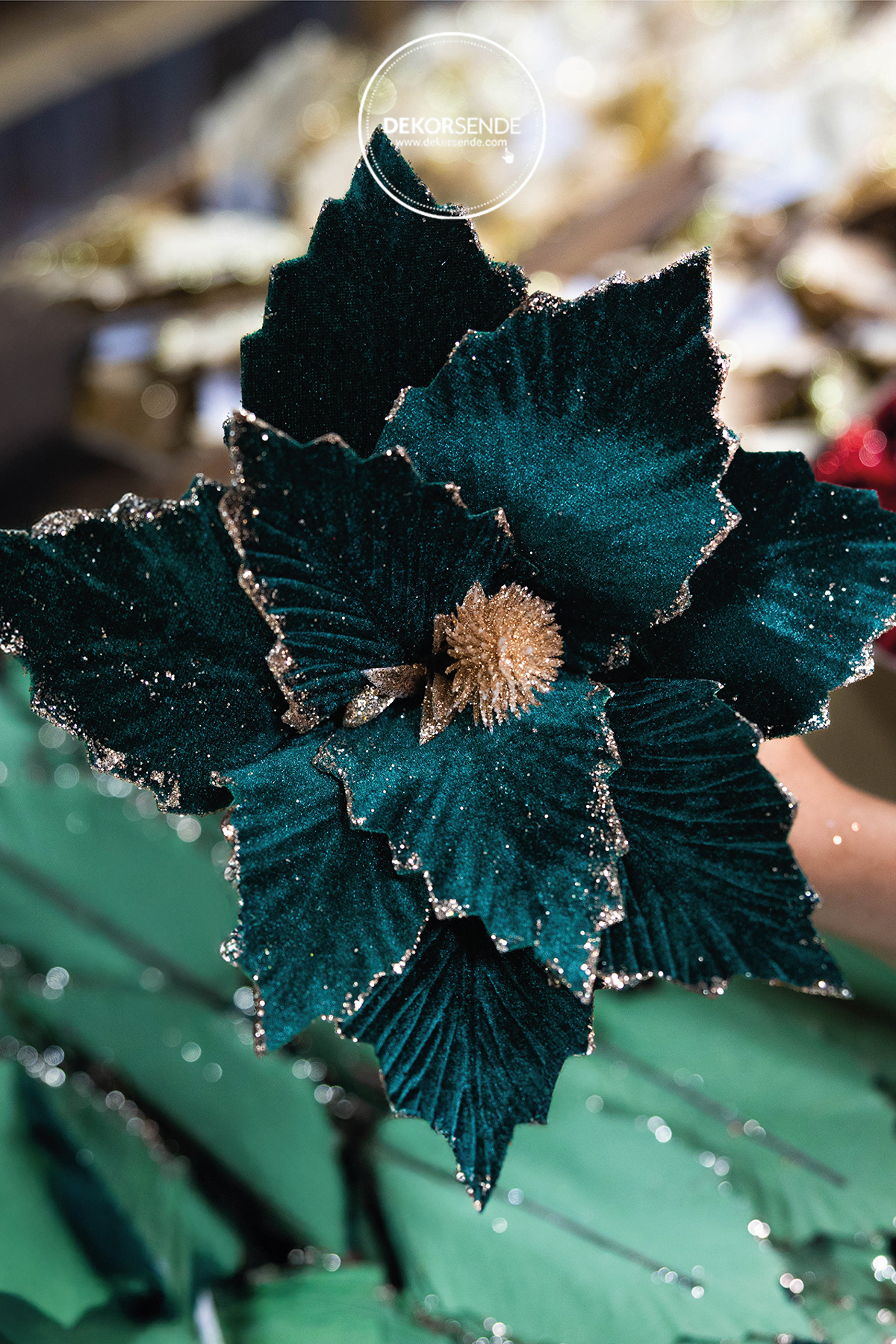 Dekorsende Yapay Kadife Simli Ponsetya Yeşil 20 cm