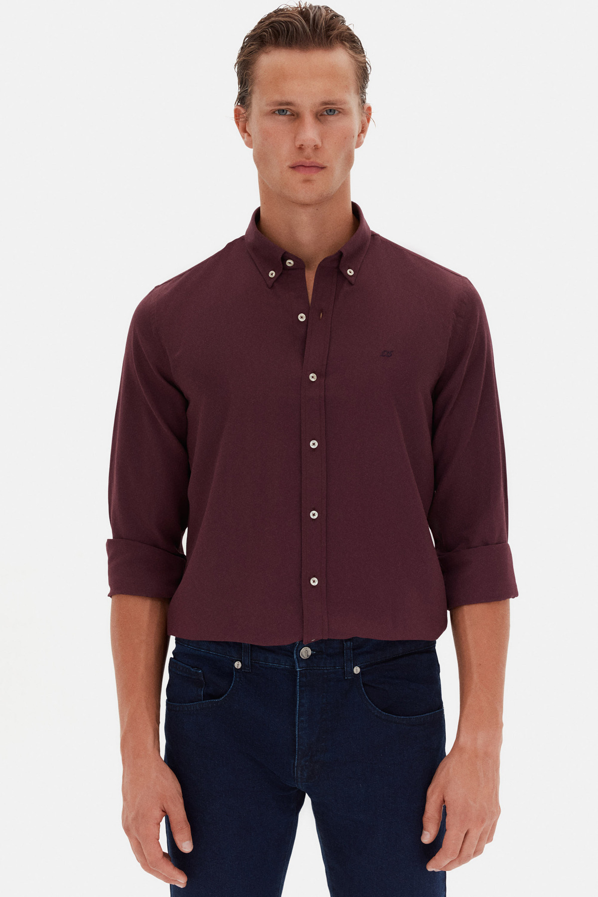 D'S Damat  Ds Damat Slim Fit Mürdüm Oxford Düğmeli Yaka Kolay Ütülenebilir Nakış Detaylı Pamuklu Gömlek - Görsel 3