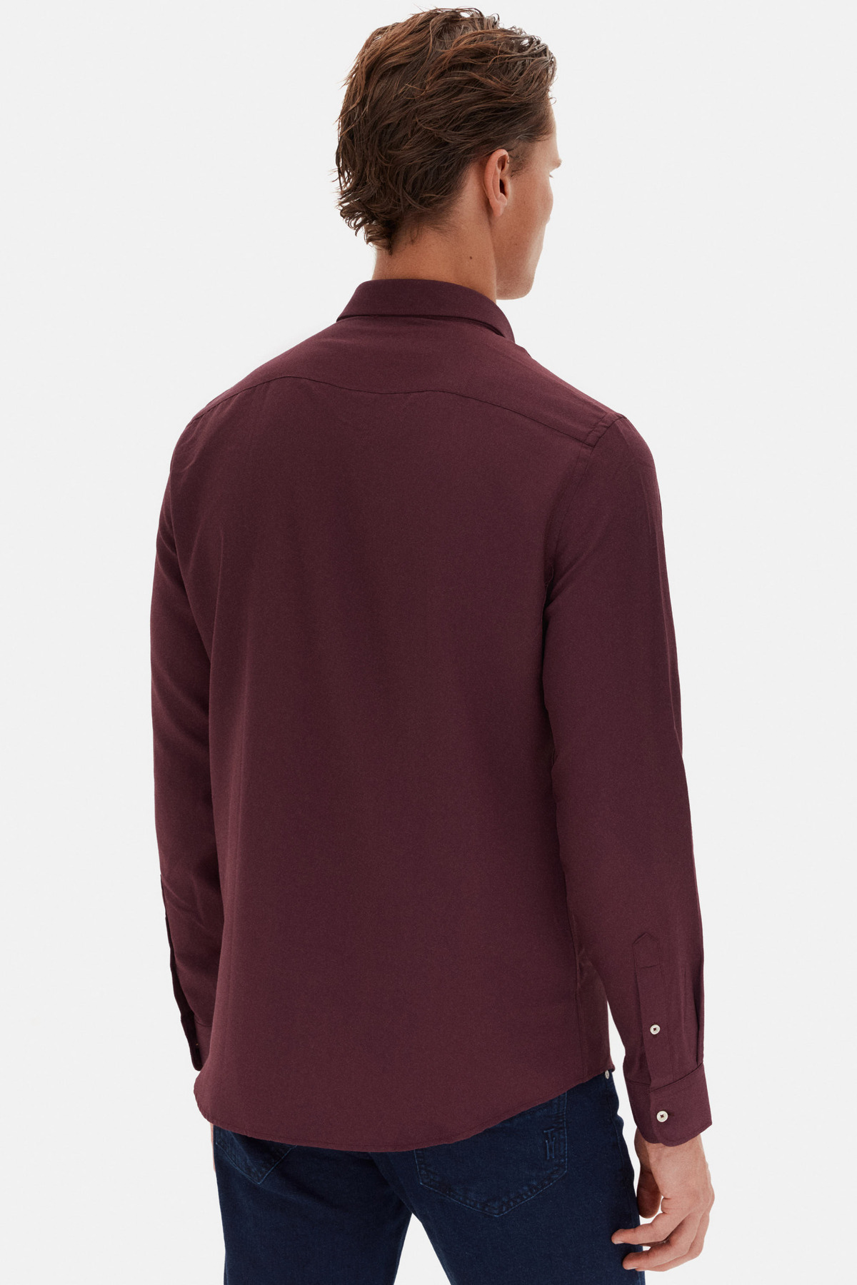 D'S Damat  Ds Damat Slim Fit Mürdüm Oxford Düğmeli Yaka Kolay Ütülenebilir Nakış Detaylı Pamuklu Gömlek - Görsel 4