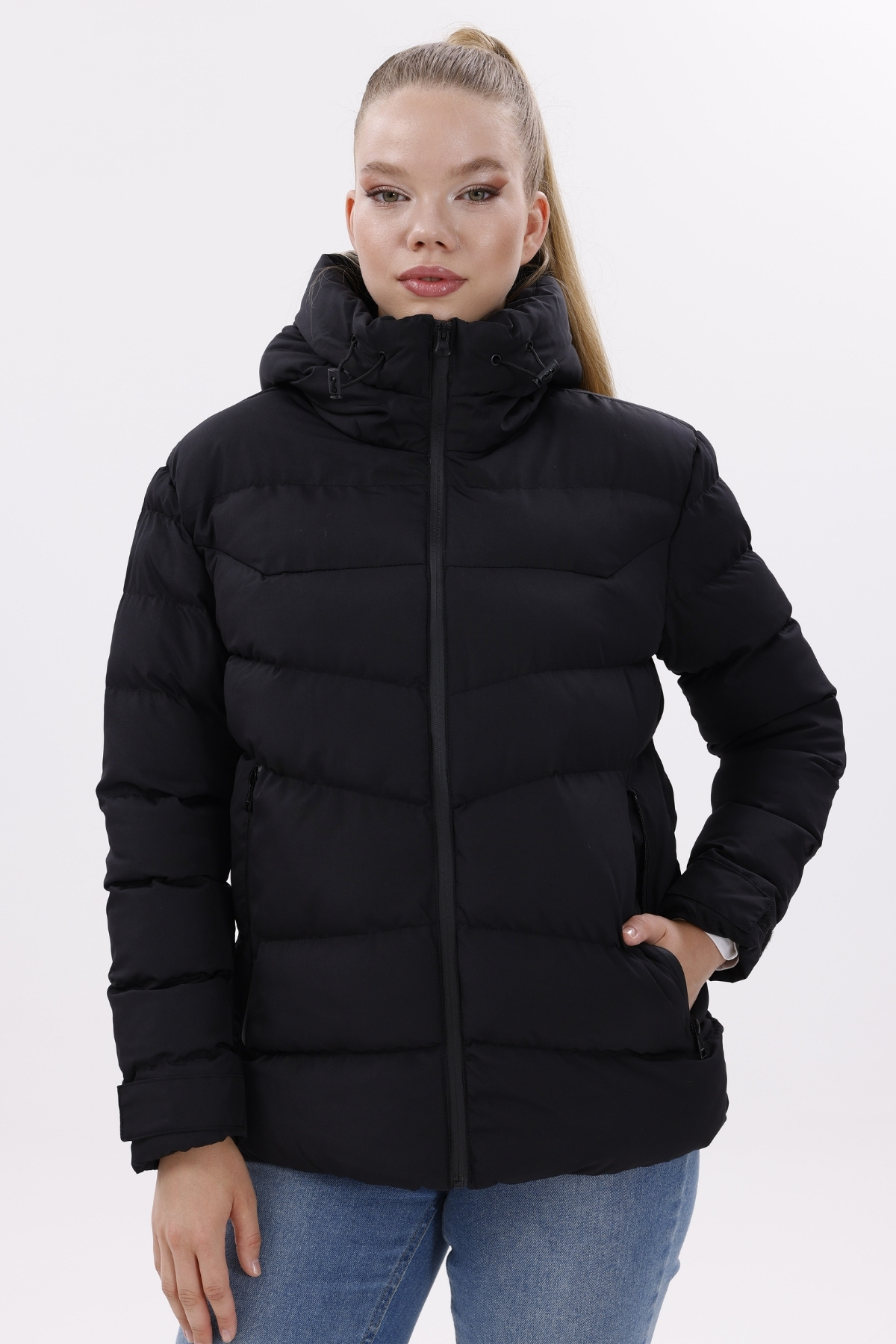 freemen Fekete női pehelykabát - kapucnis, polár, szőrme, vízálló és szélálló