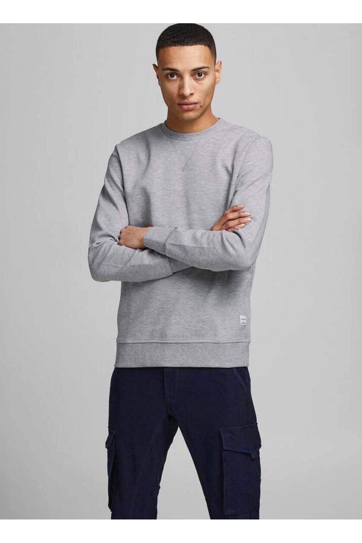 جک اند جونز سویشرت مردانه طوسی یقه ساده 12181903_JJEBASIC SWEAT CREW NECK N
