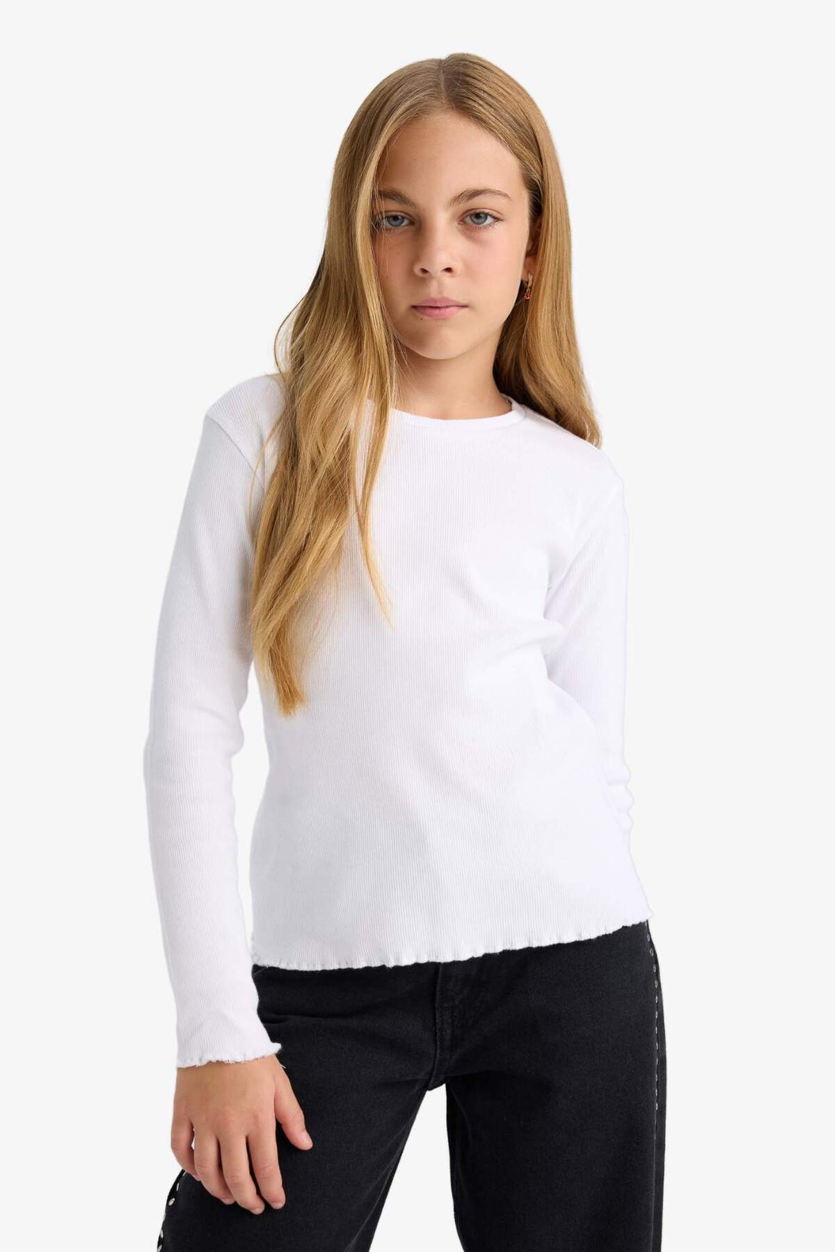DeFacto Schul-T-Shirt für Mädchen mit Rundhalsausschnitt, Basic, einfarbig, gerippt, langärmlig, B2387A825AU