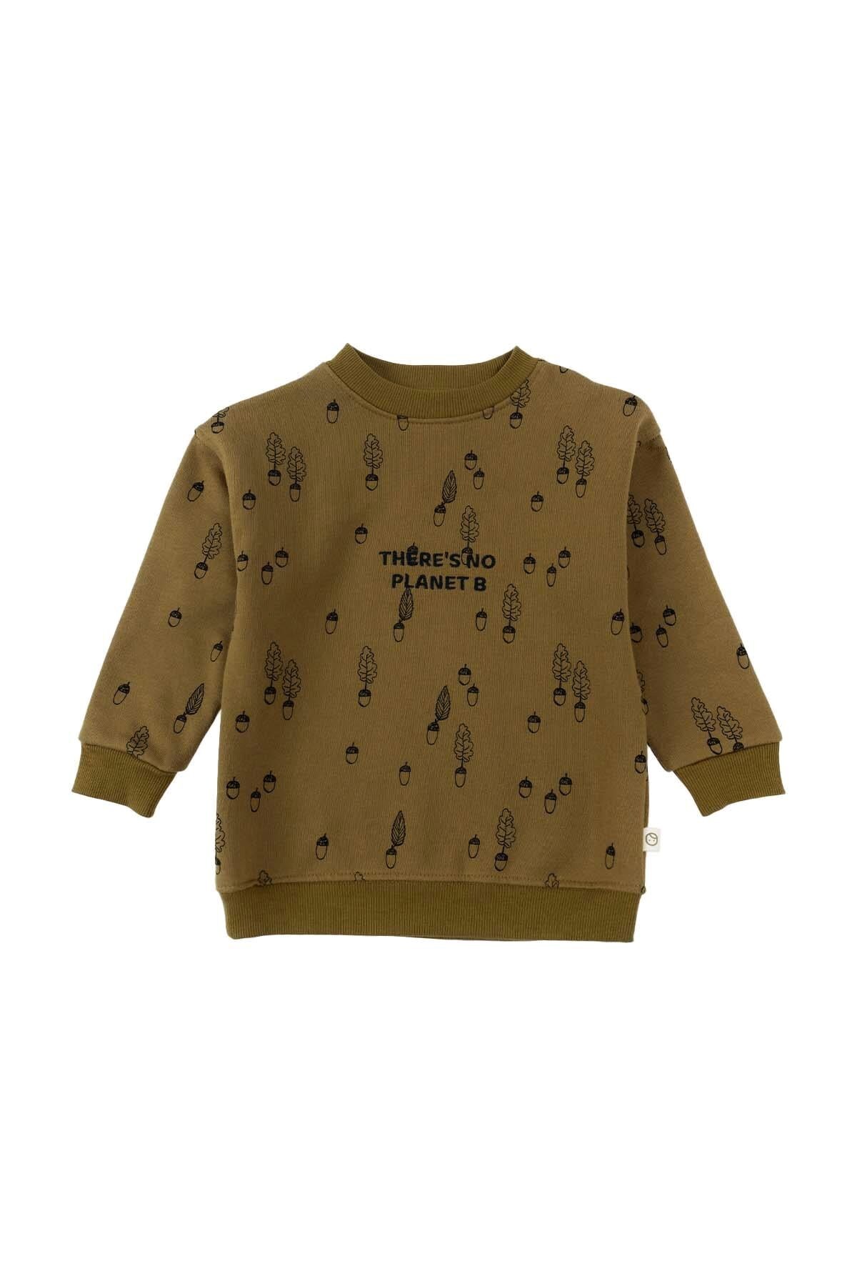 Little Gusto Çocuk Eşofman Takımı İçi Tüylü Haki Fındık Desenli Organik Pamuk fotoğrafı 2 (önizleme)