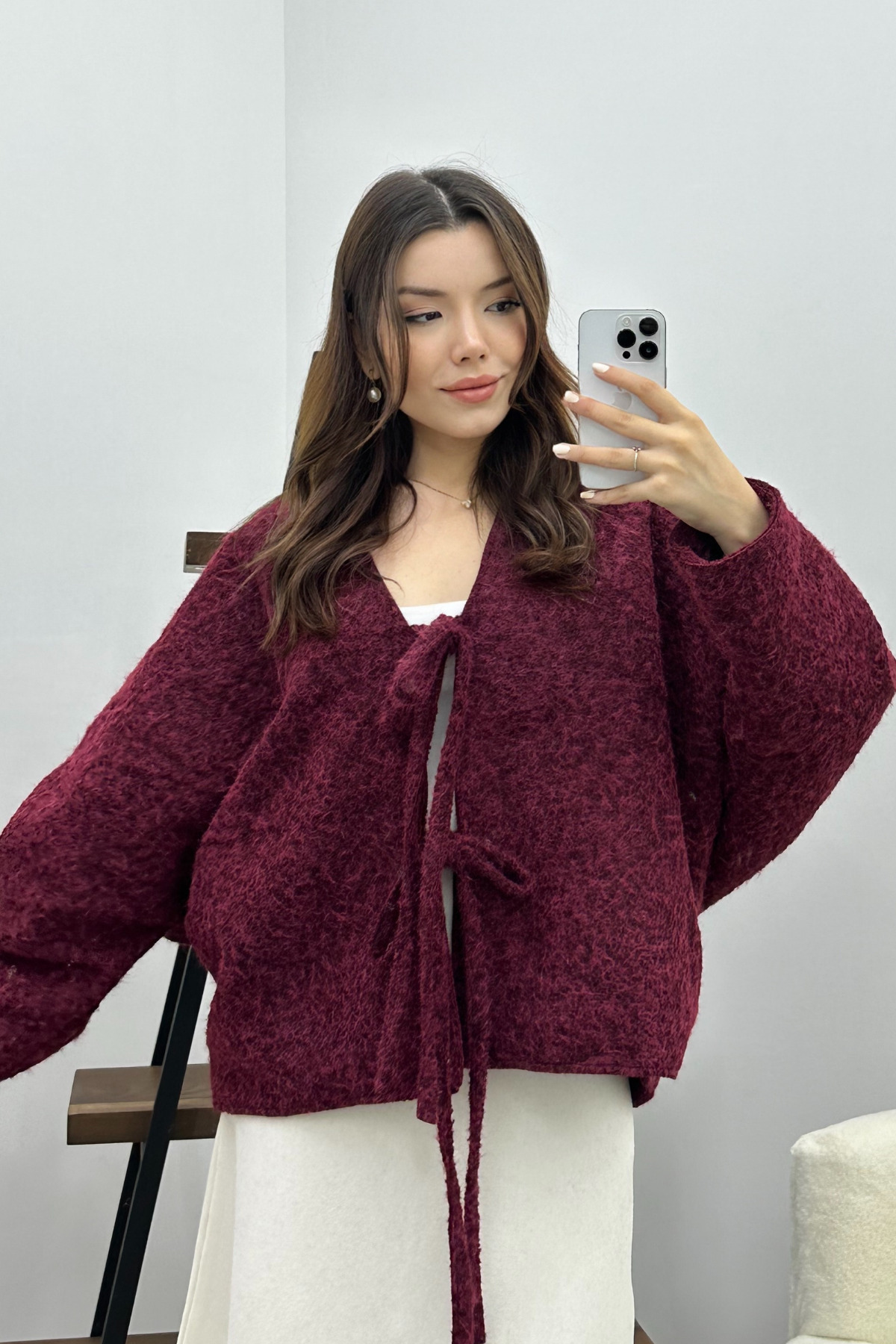 Bipantolon Kadın Bordo Bağcık Detaylı İthal Kaşe Ceket