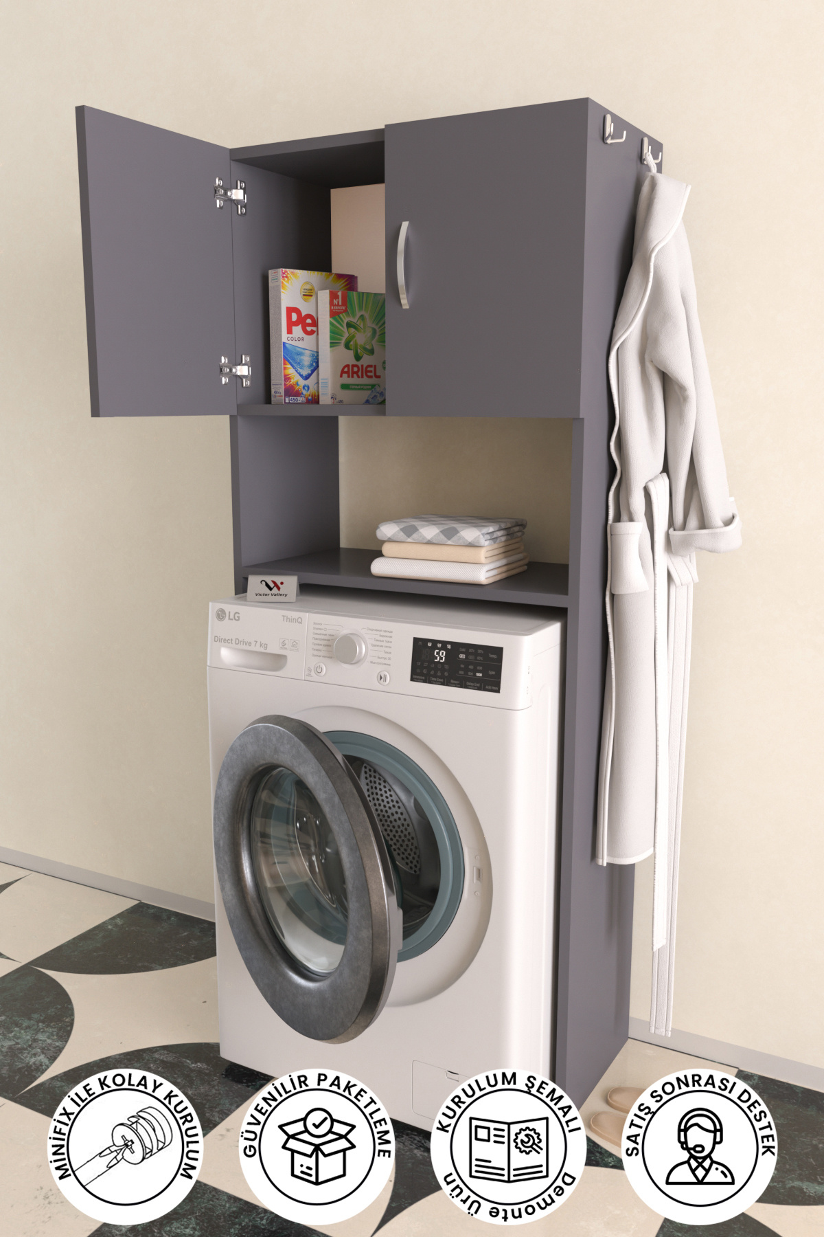 Hediyeler Kapında Askılıklı Çamaşır Makinesi Üstü Dolap Banyo Düzenleyici Çok Amaçlı Raf Antrasit